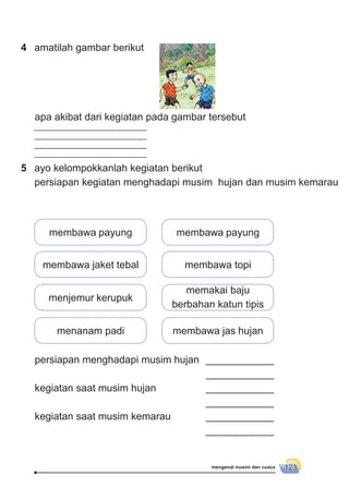 mengenal musim dan cuaca 123
4 amatilah gambar berikut
apa akibat dari kegiatan pada gambar tersebut
___________________________
___________________________
___________________________
___________________________
5 ayo kelompokkanlah kegiatan berikut
persiapan kegiatan menghadapi musim hujan dan musim kemarau
membawa payung membawa payung
membawa jaket tebal membawa topi
menjemur kerupuk
memakai baju
berbahan katun tipis
menanam padi membawa jas hujan
persiapan menghadapi musim hujan ____________
____________
kegiatan saat musim hujan ____________
____________
kegiatan saat musim kemarau ____________
____________
 