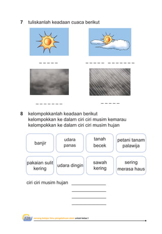 senang belajar ilmu pengetahuan alam untuk kelas I128
8 kelompokkanlah keadaan berikut
kelompokkan ke dalam ciri ciri musim kemarau
kelompokkan ke dalam ciri ciri musim hujan
7 tuliskanlah keadaan cuaca berikut
banjir
pakaian sulit
kering
udara dingin
sawah
kering
sering
merasa haus
udara
panas
tanah
becek
petani tanam
palawija
ciri ciri musim hujan _____________
_____________
_____________
_____________
 