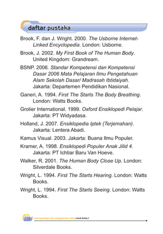 senang belajar ilmu pengetahuan alam untuk kelas I138
Brook, F. dan J. Wright. 2000. The Usborne Internet-
Linked Encyclopedia. London: Usborne.
Brook, J. 2002. My First Book of The Human Body.
United Kingdom: Grandream.
BSNP. 2006. Standar Kompetensi dan Kompetensi
Dasar 2006 Mata Pelajaran Ilmu Pengetahuan
Alam Sekolah Dasar/ Madrasah Ibtidaiyah.
Jakarta: Departemen Pendidikan Nasional.
Ganeri, A. 1994. First The Starts The Body Breathing.
London: Watts Books.
Grolier International. 1999. Oxford Ensiklopedi Pelajar.
Jakarta: PT Widyadasa.
Holland, J. 2007. Ensiklopedia Iptek (Terjemahan).
Jakarta: Lentera Abadi.
Kamus Visual. 2003. Jakarta: Buana Ilmu Populer.
Kramer, A. 1998. Ensiklopedi Populer Anak Jilid 4.
Jakarta: PT Ichtiar Baru Van Hoeve.
Walker, R. 2001. The Human Body Close Up. London:
Silverdale Books.
Wright, L. 1994. First The Starts Hearing. London: Watts
Books.
Wright, L. 1994. First The Starts Seeing. London: Watts
Books.
daftar pustaka
 
