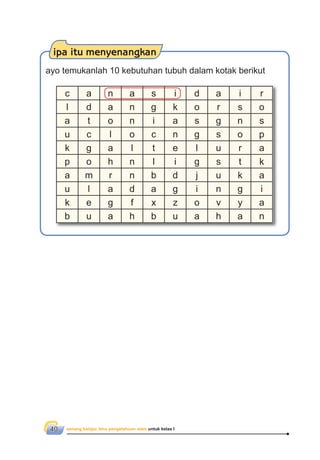 senang belajar ilmu pengetahuan alam untuk kelas I40
ipa itu menyenangkan
ayo temukanlah 10 kebutuhan tubuh dalam kotak berikut
c a n a s i d a i r
l d a n g k o r s o
a t o n i a s g n s
u c l o c n g s o p
k g a l t e l u r a
p o h n l i g s t k
a m r n b d j u k a
u l a d a g i n g i
k e g f x z o v y a
b u a h b u a h a n
 