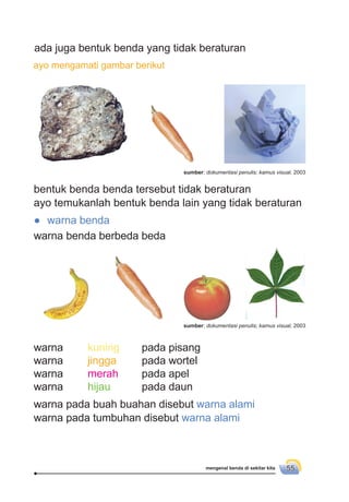mengenal benda di sekitar kita 55
bentuk benda benda tersebut tidak beraturan
ayo temukanlah bentuk benda lain yang tidak beraturan
● warna benda
warna benda berbeda beda
warna kuning pada pisang
warna jingga pada wortel
warna merah pada apel
warna hijau pada daun
warna pada buah buahan disebut warna alami
warna pada tumbuhan disebut warna alami
ayo mengamati gambar berikut
ada juga bentuk benda yang tidak beraturan
sumber: dokumentasi penulis; kamus visual, 2003
sumber: dokumentasi penulis; kamus visual, 2003
 