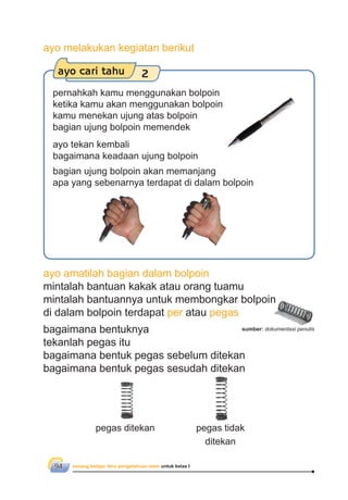 senang belajar ilmu pengetahuan alam untuk kelas I94
ayo cari tahu 2
pernahkah kamu menggunakan bolpoin
ketika kamu akan menggunakan bolpoin
kamu menekan ujung atas bolpoin
bagian ujung bolpoin memendek
ayo tekan kembali
bagaimana keadaan ujung bolpoin
bagian ujung bolpoin akan memanjang
apa yang sebenarnya terdapat di dalam bolpoin
ayo amatilah bagian dalam bolpoin
mintalah bantuan kakak atau orang tuamu
mintalah bantuannya untuk membongkar bolpoin
di dalam bolpoin terdapat per atau pegas
bagaimana bentuknya
tekanlah pegas itu
bagaimana bentuk pegas sebelum ditekan
bagaimana bentuk pegas sesudah ditekan
pegas ditekan pegas tidak
ditekan
sumber: dokumentasi penulis
ayo melakukan kegiatan berikut
 