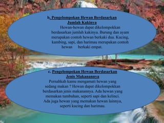 b. Pengelompokan Hewan Berdasarkan
Jumlah Kakinya
Hewan-hewan dapat dikelompokkan
berdasarkan jumlah kakinya. Burung dan ayam
merupakan contoh hewan berkaki dua. Kucing,
kambing, sapi, dan harimau merupakan contoh
hewan berkaki empat.
c. Pengelompokan Hewan Berdasarkan
Jenis Makanannya
Pernahkah kamu mengamati hewan yang
sedang makan ? Hewan dapat dikelompokkan
berdasarkan jenis makanannya. Ada hewan yang
memakan tumbuhan, seperti sapi dan kelinci.
Ada juga hewan yang memakan hewan lainnya,
seperti kucing dan harimau.
 