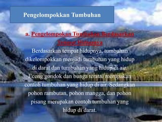 a. Pengelompokan Tumbuhan Berdasarkan
Tempat Hidupnya
Berdasarkan tempat hidupnya, tumbuhan
dikelompokkan menjadi tumbuhan yang hidup
di darat dan tumbuhan yang hidup di air.
Eceng gondok dan bunga teratai merupakan
contoh tumbuhan yang hidup di air. Sedangkan
pohon rambutan, pohon mangga, dan pohon
pisang merupakan contoh tumbuhan yang
hidup di darat.
Pengelompokkan Tumbuhan
 