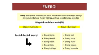 ENERGI
Energi merupakan kemampuan untuk melakukan usaha atau kerja. Energi
berasal dari bahasa Yunani energio, artinya kegiatan atau aktivitas
Dinyatakan dalam Joule (SI)
1 kalori = 4,18 joule 1 joule = 0,24 kalori
 Energi kimia
 Energi kinetik
 Energi listrik
 Energi kalor
 Energi cahaya
 Energi otot
 Energi bunyi
 Energi nuklir
 Energi biogas
 Energi potensial
Bentuk-bentuk energi
 