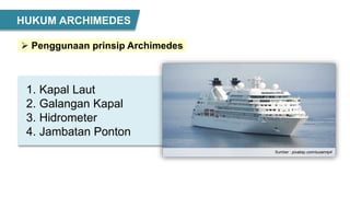  Penggunaan prinsip Archimedes
1. Kapal Laut
2. Galangan Kapal
3. Hidrometer
4. Jambatan Ponton
Sumber : pixabay.com/susa...