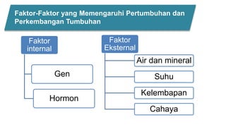 Faktor-Faktor yang Memengaruhi Pertumbuhan dan
Perkembangan Tumbuhan
Faktor
internal
Gen
Hormon
Faktor
Eksternal
Air dan mineral
Suhu
Kelembapan
Cahaya
 