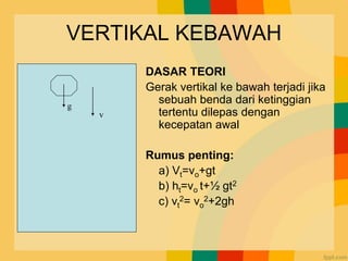 VERTIKAL KEBAWAH
DASAR TEORI
Gerak vertikal ke bawah terjadi jika
sebuah benda dari ketinggian
tertentu dilepas dengan
kecepatan awal
Rumus penting:
a) Vt=vo+gt
b) ht=vo t+½ gt2
c) vt
2= vo
2+2gh
g
v
 