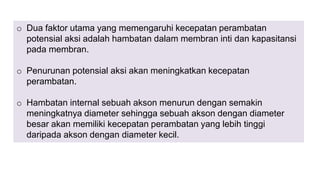 o Dua faktor utama yang memengaruhi kecepatan perambatan
potensial aksi adalah hambatan dalam membran inti dan kapasitansi
pada membran.
o Penurunan potensial aksi akan meningkatkan kecepatan
perambatan.
o Hambatan internal sebuah akson menurun dengan semakin
meningkatnya diameter sehingga sebuah akson dengan diameter
besar akan memiliki kecepatan perambatan yang lebih tinggi
daripada akson dengan diameter kecil.
 