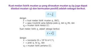 Kuat medan listrik muatan q1 yang dirasakan muatan q2 (q2 juga dapat
disebut muatan uji dan bermuatan positif) adalah sebagai berikut.
 