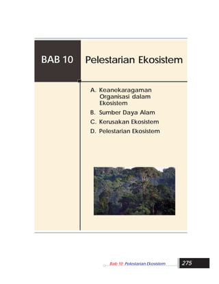 BAB 10   Pelestarian Ekosistem

          A. Keanekaragaman
             Organisasi dalam
             Ekosistem
          B. Sumber Daya Alam
          C. Kerusakan Ekosistem
          D. Pelestarian Ekosistem




                Bab 10 Pelestarian Ekosistem   275
 