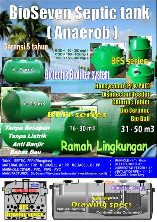 MAINHOLE = 4 ” - 40 cm 
 INLET / OUTLET = 4 ” 
 DISINFECTANT FEEDER = 3 “ 
 VENTILATION PIPE = 1 “ - 2 “ 
 COLOUR = Green Envy 
TANK : SEPTIC, FRP (Fibreglass) 
MATERIAL BODY : FRP, MEDIACELL A : PP, MEDIACELL B : PP 
MAINHOLE COVER : PVC, PIPE : PVC 
MANUFACTURER: BioSeven Fibreglass Indonesia (www.bioseven.co.id) 
BOD < 50 - 200 mg/ l 
COD < 100 - 300 mg/ l 
TSS < 150 - 300 mg/ l 
