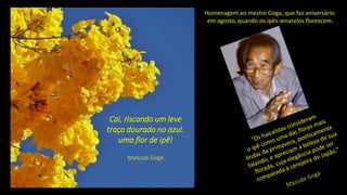 . Cai, riscando um levetraço dourado no azul. uma flor de ipê! 
MasudaGoga 
Homenagem ao mestre Goga, que faz aniversário 
em agosto, quando os ipês-amarelos florescem.  
