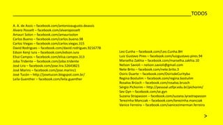________________________________________________________________TODOS 
A. A. de Assis –facebook.com/antonioaugusto.deassis 
AlvaroPosselt–facebook.com/alvaroposselt 
Amauri Solon–facebook.com/amaurisolon 
Carlos Bueno –facebook.com/carlos.bueno.98 
Carlos Viegas –facebook.com/carlos.viegas.315 
David Rodrigues –facebook.com/david.rodrigues.9216778 
Edson KenjiIura–facebook.com/edson.iura 
Elisa Campos –facebook.com/elisa.campos.313 
JobaTridente –facebook.com/joba.tridente 
José Lira –facebook.com/jose.lira.52643821 
José Marins –facebook.com/jose.marins1 
José Tucón–http://josetucon.blogspot.com.br/ 
Leila Guenther–facebook.com/leila.guenther 
Leo Cunha –facebook.com/Leo.Cunha.BH 
Luiz Gustavo Pires –facebook.com/luizgustavo.pires.94 
Marselha Zakhia–facebook.com/marselha.zakhia.10 
Nelson Savioli –nelson.savioli@gmail.com 
NeteBrito –facebook.com/nete.brito.3 
OsirisDuarte –facebook.com/OsirisdeCurityba 
Regina Bostulim–facebook.com/regina.bostulim 
Rosalva Brüsch–facebook.com/rosalva.brusch 
Sérgio Pichorim–http://pessoal.utfpr.edu.br/pichorim/ 
SevGyn–facebook.com/se.gyn 
Suzana Strapasson–facebook.com/suzana.lyrastrapasson 
Terezinha Manczak–facebook.com/terezinha.manczak 
Vanice Ferreira –facebook.com/vanicezimerman.ferreira 
>  