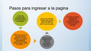 Pasos para ingresar a la pagina
Colocar la
dirección URL
http://www.scielo.o
rg.ve/scielo.php en
el navegador.
Seleccionar alguna de
las opciones que
aparecen en la parte
superior de la pagina
(lista alfabética,
búsqueda de títulos y
lista por materia, índice
de autores…)
Posteriormente
aparecerán los
títulos y el
número de
documentos
disponibles en
letra azul.
Para ver el contenido
completo debe hacerse
doble click sobre el
enlace “ver PDF” del
titulo o tema de interés.
Por último al finalizar
el proceso de
búsqueda, es
conveniente cerrar la
ventana en la X de la
parte superior
derecha.
 