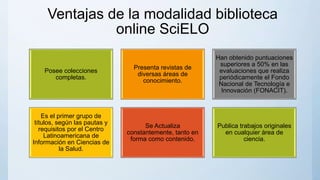 Ventajas de la modalidad biblioteca
online SciELO
Posee colecciones
completas.
Presenta revistas de
diversas áreas de
conocimiento.
Han obtenido puntuaciones
superiores a 50% en las
evaluaciones que realiza
periódicamente el Fondo
Nacional de Tecnología e
Innovación (FONACIT).
Es el primer grupo de
títulos, según las pautas y
requisitos por el Centro
Latinoamericana de
Información en Ciencias de
la Salud.
Se Actualiza
constantemente, tanto en
forma como contenido.
Publica trabajos originales
en cualquier área de
ciencia.
 
