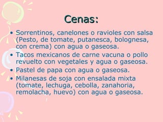 Cenas:
• Sorrentinos, canelones o ravioles con salsa
  (Pesto, de tomate, putanesca, bolognesa,
  con crema) con agua o gaseosa.
• Tacos mexicanos de carne vacuna o pollo
  revuelto con vegetales y agua o gaseosa.
• Pastel de papa con agua o gaseosa.
• Milanesas de soja con ensalada mixta
  (tomate, lechuga, cebolla, zanahoria,
  remolacha, huevo) con agua o gaseosa.
 