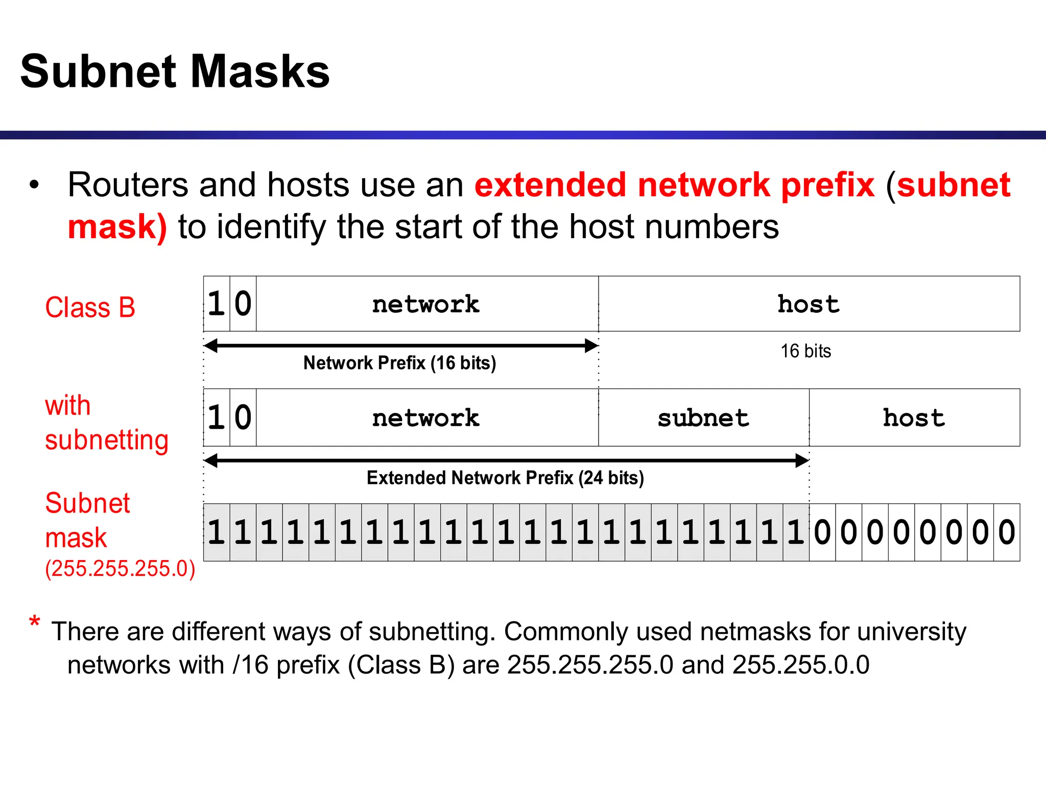 • Routers and hosts use an extended network prefix (subnet
mask) to identify the start of the host numbers
* There are different ways of subnetting. Commonly used netmasks for university
networks with /16 prefix (Class B) are 255.255.255.0 and 255.255.0.0
Class B network host
16 bits
with
subnetting
host
Subnet
mask
(255.255.255.0)
network subnet
Network Prefix (16 bits)
1
1111111111111111111111100000000
0
10
Extended Network Prefix (24 bits)
Subnet Masks
 