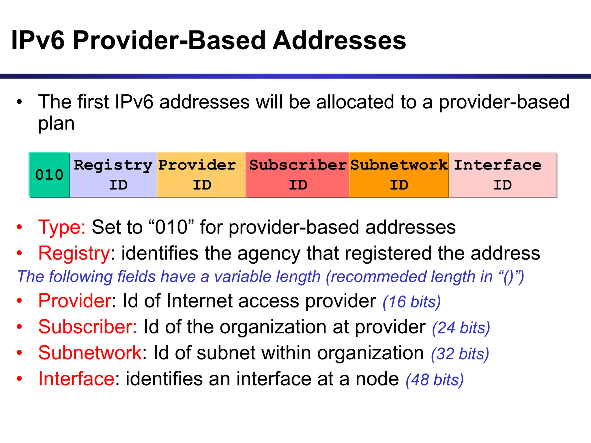 IPv6 Provider-Based Addresses
• The first IPv6 addresses will be allocated to a provider-based
plan
• Type: Set to “010” for provider-based addresses
• Registry: identifies the agency that registered the address
The following fields have a variable length (recommeded length in “()”)
• Provider: Id of Internet access provider (16 bits)
• Subscriber: Id of the organization at provider (24 bits)
• Subnetwork: Id of subnet within organization (32 bits)
• Interface: identifies an interface at a node (48 bits)
Registry
ID
Provider
ID
010
Subscriber
ID
Interface
ID
Subnetwork
ID
 