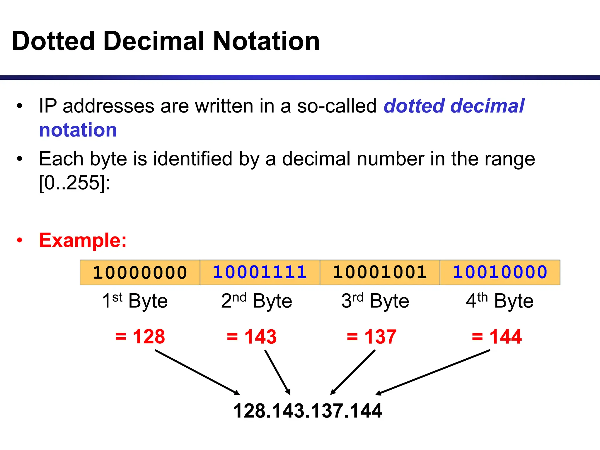 Dotted Decimal Notation
• IP addresses are written in a so-called dotted decimal
notation
• Each byte is identified by a decimal number in the range
[0..255]:
• Example:
10001111
10000000 10001001 10010000
1st Byte
= 128
2nd Byte
= 143
3rd Byte
= 137
4th Byte
= 144
128.143.137.144
 