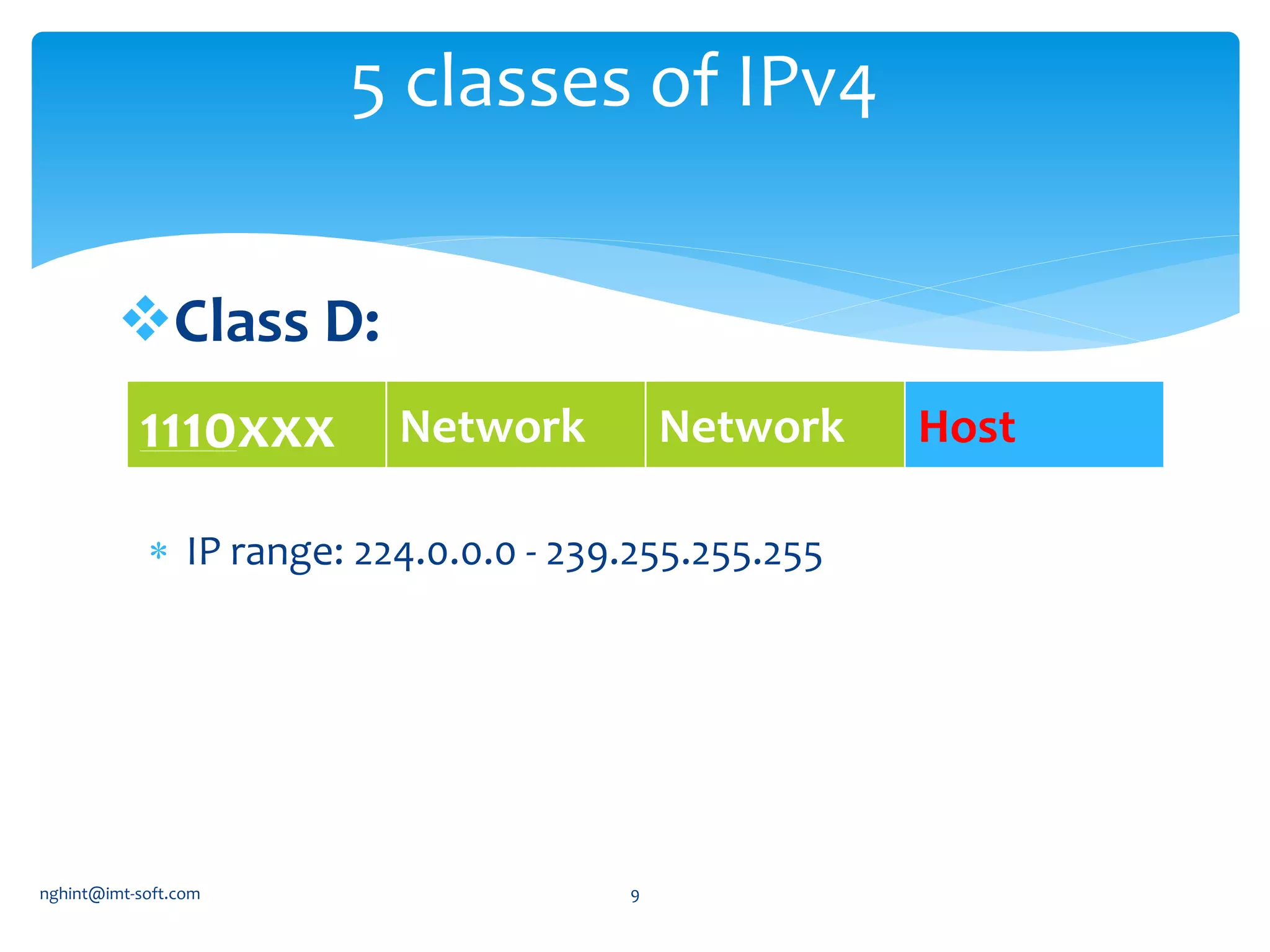 Class D:
5 classes of IPv4
 IP range: 224.0.0.0 - 239.255.255.255
1110xxx Network Network Host
nghint@imt-soft.com 9
 
