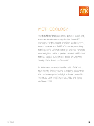 METHODOLOGY
            The GfK MRI iPanel is an online panel of tablet and
            e-reader owners consisting of more than 6500
            members. For this report, a total of 1,382 surveys
            were completed and 1,052 of those (representing
            tablet owners) were tabulated for analysis. Panelists
            were weighted to the projected national incidence of
            tablet/e-reader ownership as based on GfK MRI’s
            Survey of the American Consumer®.


            Incidence was estimated on the basis of the last
            four months of interviewing in order to account for
            the continuous growth of digital device ownership.
            The study went live on April 20, 2012 and closed
            on May 4, 2012.




Fall 2012                                                           15.
 