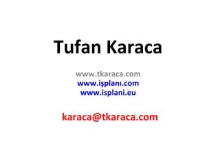 Tufan Karaca
www.tkaraca.com
www.işplanı.com
www.isplani.eu
karaca@tkaraca.com
 