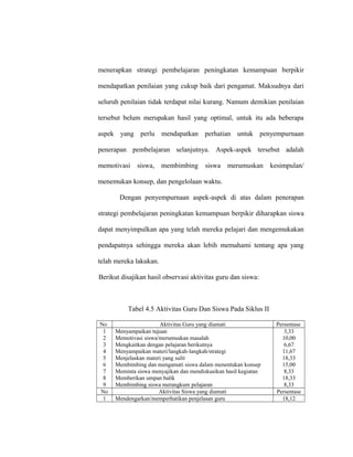 menerapkan strategi pembelajaran peningkatan kemampuan berpikir
mendapatkan penilaian yang cukup baik dari pengamat. Maksudnya dari
seluruh penilaian tidak terdapat nilai kurang. Namum demikian penilaian
tersebut belum merupakan hasil yang optimal, untuk itu ada beberapa
aspek yang perlu mendapatkan perhatian untuk penyempurnaan
penerapan pembelajaran selanjutnya. Aspek-aspek tersebut adalah
memotivasi siswa, membimbing siswa merumuskan kesimpulan/
menemukan konsep, dan pengelolaan waktu.
Dengan penyempurnaan aspek-aspek di atas dalam penerapan
strategi pembelajaran peningkatan kemampuan berpikir diharapkan siswa
dapat menyimpulkan apa yang telah mereka pelajari dan mengemukakan
pendapatnya sehingga mereka akan lebih memahami tentang apa yang
telah mereka lakukan.
Berikut disajikan hasil observasi aktivitas guru dan siswa:
Tabel 4.5 Aktivitas Guru Dan Siswa Pada Siklus II
No Aktivitas Guru yang diamati Persentase
1
2
3
4
5
6
7
8
9
Menyampaikan tujuan
Memotivasi siswa/merumuskan masalah
Mengkaitkan dengan pelajaran berikutnya
Menyampaikan materi/langkah-langkah/strategi
Menjelaskan materi yang sulit
Membimbing dan mengamati siswa dalam menentukan konsep
Meminta siswa menyajikan dan mendiskusikan hasil kegiatan
Memberikan umpan balik
Membimbing siswa merangkum pelajaran
3,33
10,00
6,67
11,67
18,33
15,00
8,33
18,33
8,33
No Aktivitas Siswa yang diamati Persentase
1 Mendengarkan/memperhatikan penjelasan guru 18,12
 