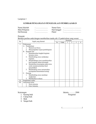 Lampiran 1
LEMBAR PENGAMATAN PENGELOLAAN PEMBELAJARAN
Nama Sekolah : ………………. Nama Guru : ………………………
Mata Pelajaran : ………………. Hari/tanggal : ………………………
Sub Konsep : ………………. Pukul : ………………………
Petunjuk
Berikan penilan anda dengan memberikan tanda cek (√) pada kolom yang sesuai.
No Aspek yang diamati
Penilaian
Ya Tidak 1 2 3 4
I Pelaksanaan
A. Pendahuluan
1. Memotivasi Siswa
2. Menyampaikan tujuan pembelajaran
B. Kegiatan Inti
1. Mendiskusikan langkah kegiatan
bersama siswa.
2. Membimbing siswa melakukan
kegiatan.
3. Membimbinga siswa mendiskusikan
hasil kegiatan dalam kelompok
4. Memberikan kesempatan pada siswa
untuk mempresentasikan hasil
penyelidikan.
5. Membimbing siswa merumuskan
kesimpulan/menemukan konsep.
C. Penutup
1. Membimbing siswa membuat
rangkuman.
2. Memberikan evaluasi.
II Pengelolaan waktu
III Antusiasme kelas
1. Siswa antusias
2. Guru Antusias.
Keterangan Jakarta, ……….2008
1. Kurang baik Pengamat
2. Cukup baik
3. Baik
4. Sangat baik
(…………………………..)
 