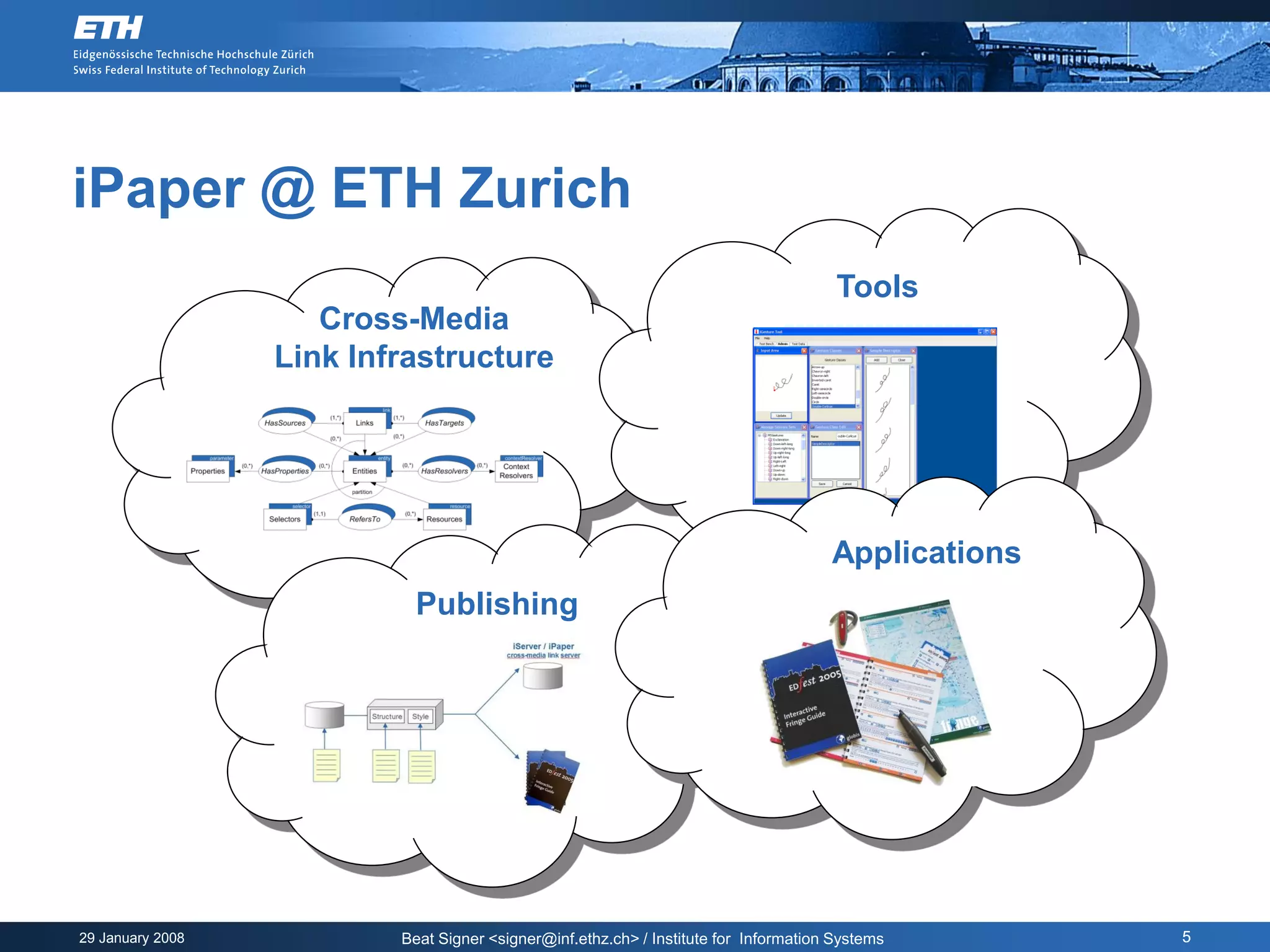 iPaper @ ETH Zurich
                                                                                       Tools
                     Cross-Media
                  Link Infrastructure




                                                                                      Applications
                            Publishing




29 January 2008           Beat Signer <signer@inf.ethz.ch> / Institute for Information Systems       5
 