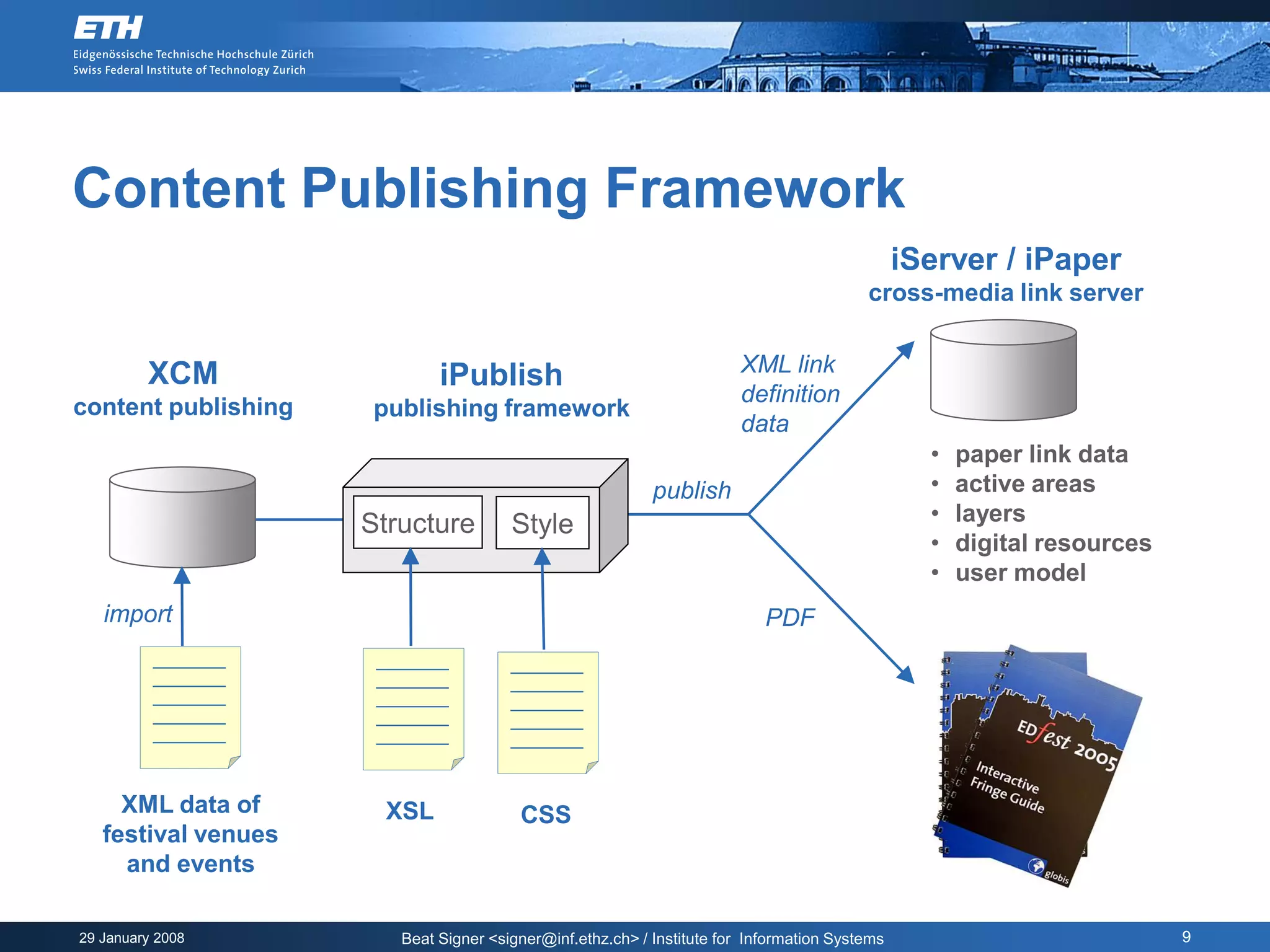Content Publishing Framework
                                                                                               iServer / iPaper
                                                                                         cross-media link server


         XCM                                                           XML link
                             iPublish
                                                                       definition
content publishing   publishing framework
                                                                       data
                                                                                                 •   paper link data
                                                           publish                               •   active areas
                     Structure         Style                                                     •   layers
                                                                                                 •   digital resources
                                                                                                 •   user model
   import                                                                  PDF




     XML data of      XSL               CSS
   festival venues
     and events

29 January 2008         Beat Signer <signer@inf.ethz.ch> / Institute for Information Systems                             9
 