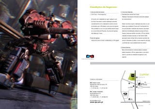 Condições de Ingresso:

                                                                         1. Concurso Geral de Acesso	                                  2. Concursos Especiais	

                                                                         >	 Via 12º ano + Prova específica	                            >	 Admissão para maiores de 23 anos.

                                                                                                                                       	 (Realizam internamente entrevista e prova de avaliação

                                                                         	 De acordo com a legislação em vigor, qualquer curso           de conhecimentos)

                                                                            do Ensino Secundário constitui habilitação suficiente,

                                                                            cumulativamente com a realização do exame nacional         	 Podem inscrever-se para a realização das provas, os can-

                                                                            da disciplina que o IPA adoptou como prova de ingresso.      didatos que completem 23 anos até 31 de Dezembro do

                                                                            Para candidatar-se ao curso que pretende deverá respei-      ano que antecede a realização das mesmas e não sejam

                                                                            tar a nota mínima de 95 pontos. As provas de ingresso        detentores de habilitações válidas de acesso ao Ensino

                                                                            são válidas por 3 anos.                                      Superior (ainda que tenham concluído o 12º ano, tenham

                                                                                                                                         realizado os exames nacionais, se não tiverem obtido

                                                                         Provas de Ingresso	                                             aprovação nestes, tenham feito os exames nacionais não

                                                                         	 História da Cultura e Artes, ou Matemática, ou Português.     sendo os resultados já válidos, a prova específica não seja

                                                                                                                                         a solicitada pelo nosso estabelecimento de ensino).



                                                                                                                                       3. Alunos Externos	

                                                                                                                                       	 Não se encontrando em nenhuma destas condições

                                                                                                                                         poderá frequentar o IPA em regime aberto, como aluno

                                                                                                                                         externo, reunindo as condições de ingresso no ano

                                                                                                                                         seguinte.
                                                   < Utilizar óculos esteriscópicos




                                                                                                                                                                              7, 36, 108, 701, 796

                                                                         Contactos e Informações:	


                                                                         IPA_Campus Lumiar                                                                  747
     Estereoscopia, projecto de Guilherme Alves.




                                                                         Alameda das Linhas de Torres, 179
                                                                         1750-142 Lisboa                                                                                      7, 36,
                                                                         › T.: 217 541 310 › F.: 217 541 310                                                                  108, 701, 796



                                                                         IPA_ (antigas instalações)
                                                                         Rua da Boavista, 67 D                                                                            Alameda das Linhas de Torres
                                                                         1200-066 Lisboa
                                                                         › T.: 218 610 360 › F.: 218 686 014


                                                                         secretaria@ipa.univ.pt                                                 Av. Gen.Norton de Matos                       [Segunda Circular]
                                                                         www.ipa.univ.pt
10                                                                                                                                                                                                           11
                                                                                                                                                                              Campo Grande
 