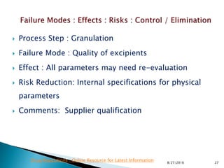  Process Step : Granulation
 Failure Mode : Quality of excipients
 Effect : All parameters may need re-evaluation
 Risk Reduction: Internal specifications for physical
parameters
 Comments: Supplier qualification
278/27/2016
Drug Regulations : Online Resource for Latest Information
 