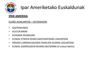 Ipar Ameriketako Euskaldunak
IPAR AMERIKA
EUSKO JAURLARITZA – EGITASMOAK

•   GAZTEMUNDU
•   KULTUR BIRAK
•   EUSKARA MUNDUAN
•   EUSKAL ETXEEN OHIKO GASTUENTZAKO LAGUNTZAK
•   PREMIA LARRIAN DAUDEN FAMILIEN ALDEKO LAGUNTZAK
•   EUSKAL GIZATALDEEN MUNDU BILTZARRA (4 urtean behin)
 