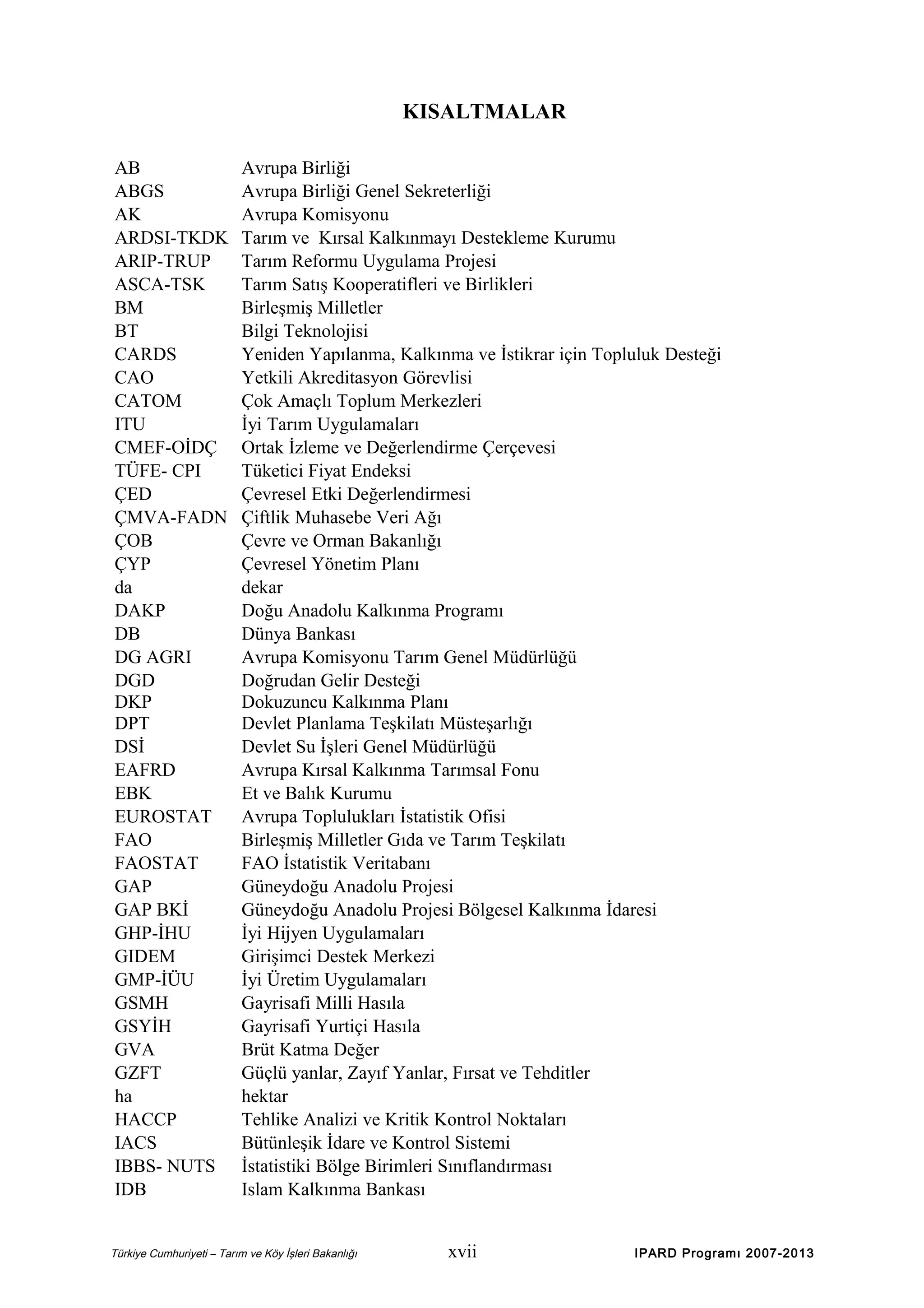 KISALTMALAR
AB
ABGS
AK
ARDSI-TKDK
ARIP-TRUP
ASCA-TSK
BM
BT
CARDS
CAO
CATOM
ITU
CMEF-OİDÇ
TÜFE- CPI
ÇED
ÇMVA-FADN
ÇOB
ÇYP
da
DAKP
DB
DG AGRI
DGD
DKP
DPT
DSİ
EAFRD
EBK
EUROSTAT
FAO
FAOSTAT
GAP
GAP BKİ
GHP-İHU
GIDEM
GMP-İÜU
GSMH
GSYİH
GVA
GZFT
ha
HACCP
IACS
IBBS- NUTS
IDB

Avrupa Birliği
Avrupa Birliği Genel Sekreterliği
Avrupa Komisyonu
Tarım ve Kırsal Kalkınmayı Destekleme Kurumu
Tarım Reformu Uygulama Projesi
Tarım Satış Kooperatifleri ve Birlikleri
Birleşmiş Milletler
Bilgi Teknolojisi
Yeniden Yapılanma, Kalkınma ve İstikrar için Topluluk Desteği
Yetkili Akreditasyon Görevlisi
Çok Amaçlı Toplum Merkezleri
İyi Tarım Uygulamaları
Ortak İzleme ve Değerlendirme Çerçevesi
Tüketici Fiyat Endeksi
Çevresel Etki Değerlendirmesi
Çiftlik Muhasebe Veri Ağı
Çevre ve Orman Bakanlığı
Çevresel Yönetim Planı
dekar
Doğu Anadolu Kalkınma Programı
Dünya Bankası
Avrupa Komisyonu Tarım Genel Müdürlüğü
Doğrudan Gelir Desteği
Dokuzuncu Kalkınma Planı
Devlet Planlama Teşkilatı Müsteşarlığı
Devlet Su İşleri Genel Müdürlüğü
Avrupa Kırsal Kalkınma Tarımsal Fonu
Et ve Balık Kurumu
Avrupa Toplulukları İstatistik Ofisi
Birleşmiş Milletler Gıda ve Tarım Teşkilatı
FAO İstatistik Veritabanı
Güneydoğu Anadolu Projesi
Güneydoğu Anadolu Projesi Bölgesel Kalkınma İdaresi
İyi Hijyen Uygulamaları
Girişimci Destek Merkezi
İyi Üretim Uygulamaları
Gayrisafi Milli Hasıla
Gayrisafi Yurtiçi Hasıla
Brüt Katma Değer
Güçlü yanlar, Zayıf Yanlar, Fırsat ve Tehditler
hektar
Tehlike Analizi ve Kritik Kontrol Noktaları
Bütünleşik İdare ve Kontrol Sistemi
İstatistiki Bölge Birimleri Sınıflandırması
Islam Kalkınma Bankası

Türkiye Cumhuriyeti – Tarım ve Köy İşleri Bakanlığı

xvii

IPARD Programı 2007-2013

 