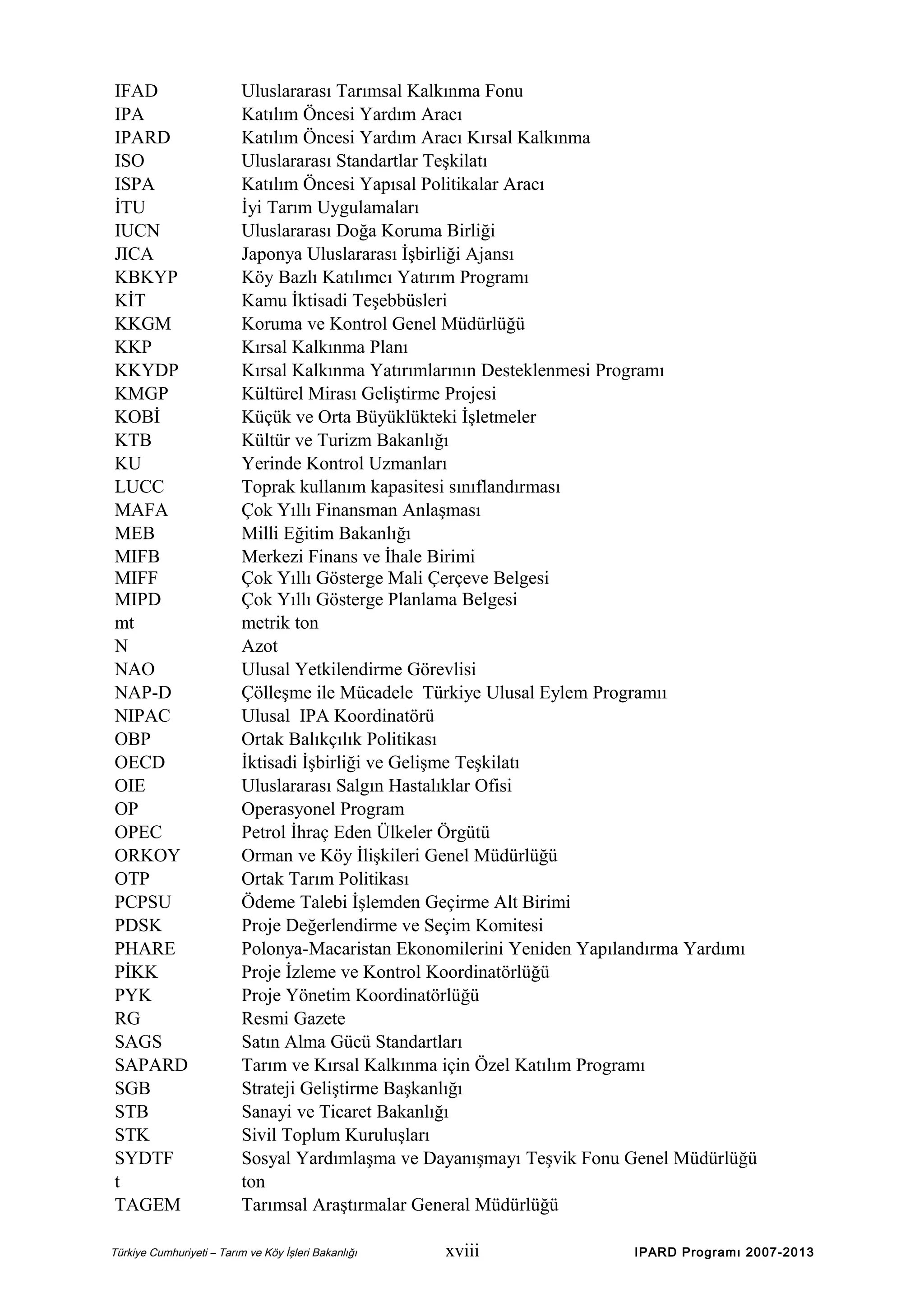 IFAD
IPA
IPARD
ISO
ISPA
İTU
IUCN
JICA
KBKYP
KİT
KKGM
KKP
KKYDP
KMGP
KOBİ
KTB
KU
LUCC
MAFA
MEB
MIFB
MIFF
MIPD
mt
N
NAO
NAP-D
NIPAC
OBP
OECD
OIE
OP
OPEC
ORKOY
OTP
PCPSU
PDSK
PHARE
PİKK
PYK
RG
SAGS
SAPARD
SGB
STB
STK
SYDTF
t
TAGEM

Uluslararası Tarımsal Kalkınma Fonu
Katılım Öncesi Yardım Aracı
Katılım Öncesi Yardım Aracı Kırsal Kalkınma
Uluslararası Standartlar Teşkilatı
Katılım Öncesi Yapısal Politikalar Aracı
İyi Tarım Uygulamaları
Uluslararası Doğa Koruma Birliği
Japonya Uluslararası İşbirliği Ajansı
Köy Bazlı Katılımcı Yatırım Programı
Kamu İktisadi Teşebbüsleri
Koruma ve Kontrol Genel Müdürlüğü
Kırsal Kalkınma Planı
Kırsal Kalkınma Yatırımlarının Desteklenmesi Programı
Kültürel Mirası Geliştirme Projesi
Küçük ve Orta Büyüklükteki İşletmeler
Kültür ve Turizm Bakanlığı
Yerinde Kontrol Uzmanları
Toprak kullanım kapasitesi sınıflandırması
Çok Yıllı Finansman Anlaşması
Milli Eğitim Bakanlığı
Merkezi Finans ve İhale Birimi
Çok Yıllı Gösterge Mali Çerçeve Belgesi
Çok Yıllı Gösterge Planlama Belgesi
metrik ton
Azot
Ulusal Yetkilendirme Görevlisi
Çölleşme ile Mücadele Türkiye Ulusal Eylem Programıı
Ulusal IPA Koordinatörü
Ortak Balıkçılık Politikası
İktisadi İşbirliği ve Gelişme Teşkilatı
Uluslararası Salgın Hastalıklar Ofisi
Operasyonel Program
Petrol İhraç Eden Ülkeler Örgütü
Orman ve Köy İlişkileri Genel Müdürlüğü
Ortak Tarım Politikası
Ödeme Talebi İşlemden Geçirme Alt Birimi
Proje Değerlendirme ve Seçim Komitesi
Polonya-Macaristan Ekonomilerini Yeniden Yapılandırma Yardımı
Proje İzleme ve Kontrol Koordinatörlüğü
Proje Yönetim Koordinatörlüğü
Resmi Gazete
Satın Alma Gücü Standartları
Tarım ve Kırsal Kalkınma için Özel Katılım Programı
Strateji Geliştirme Başkanlığı
Sanayi ve Ticaret Bakanlığı
Sivil Toplum Kuruluşları
Sosyal Yardımlaşma ve Dayanışmayı Teşvik Fonu Genel Müdürlüğü
ton
Tarımsal Araştırmalar General Müdürlüğü

Türkiye Cumhuriyeti – Tarım ve Köy İşleri Bakanlığı

xviii

IPARD Programı 2007-2013

 