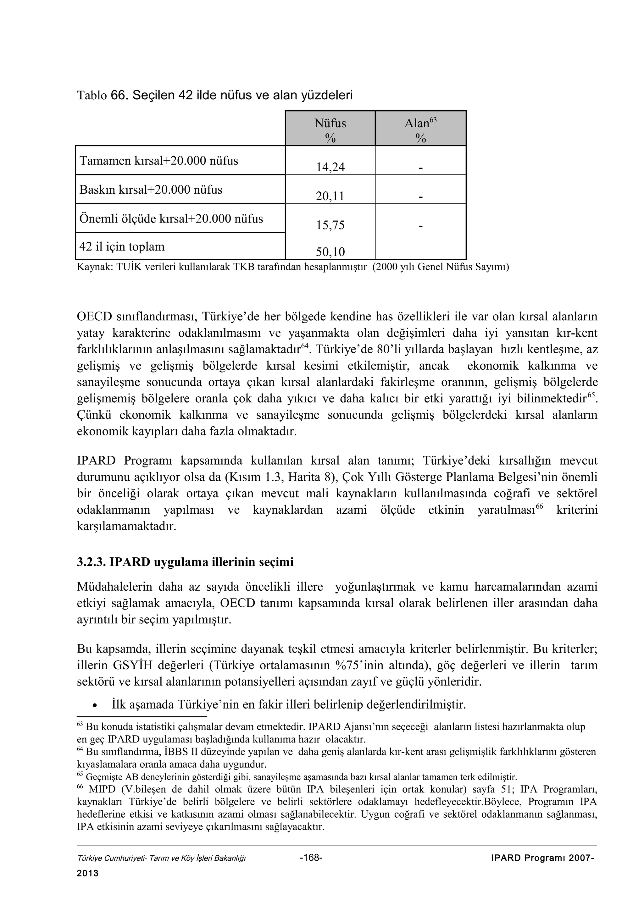 Tablo 66. Seçilen 42 ilde nüfus ve alan yüzdeleri
Nüfus
%

Alan63
%

Tamamen kırsal+20.000 nüfus

14,24

-

Baskın kırsal+20.000 nüfus

20,11

-

Önemli ölçüde kırsal+20.000 nüfus

15,75

-

42 il için toplam

50,10

Kaynak: TUİK verileri kullanılarak TKB tarafından hesaplanmıştır (2000 yılı Genel Nüfus Sayımı)

OECD sınıflandırması, Türkiye’de her bölgede kendine has özellikleri ile var olan kırsal alanların
yatay karakterine odaklanılmasını ve yaşanmakta olan değişimleri daha iyi yansıtan kır-kent
farklılıklarının anlaşılmasını sağlamaktadır64. Türkiye’de 80’li yıllarda başlayan hızlı kentleşme, az
gelişmiş ve gelişmiş bölgelerde kırsal kesimi etkilemiştir, ancak ekonomik kalkınma ve
sanayileşme sonucunda ortaya çıkan kırsal alanlardaki fakirleşme oranının, gelişmiş bölgelerde
gelişmemiş bölgelere oranla çok daha yıkıcı ve daha kalıcı bir etki yarattığı iyi bilinmektedir 65.
Çünkü ekonomik kalkınma ve sanayileşme sonucunda gelişmiş bölgelerdeki kırsal alanların
ekonomik kayıpları daha fazla olmaktadır.
IPARD Programı kapsamında kullanılan kırsal alan tanımı; Türkiye’deki kırsallığın mevcut
durumunu açıklıyor olsa da (Kısım 1.3, Harita 8), Çok Yıllı Gösterge Planlama Belgesi’nin önemli
bir önceliği olarak ortaya çıkan mevcut mali kaynakların kullanılmasında coğrafi ve sektörel
odaklanmanın yapılması ve kaynaklardan azami ölçüde etkinin yaratılması 66 kriterini
karşılamamaktadır.
3.2.3. IPARD uygulama illerinin seçimi
Müdahalelerin daha az sayıda öncelikli illere yoğunlaştırmak ve kamu harcamalarından azami
etkiyi sağlamak amacıyla, OECD tanımı kapsamında kırsal olarak belirlenen iller arasından daha
ayrıntılı bir seçim yapılmıştır.
Bu kapsamda, illerin seçimine dayanak teşkil etmesi amacıyla kriterler belirlenmiştir. Bu kriterler;
illerin GSYİH değerleri (Türkiye ortalamasının %75’inin altında), göç değerleri ve illerin tarım
sektörü ve kırsal alanlarının potansiyelleri açısından zayıf ve güçlü yönleridir.
•

İlk aşamada Türkiye’nin en fakir illeri belirlenip değerlendirilmiştir.

63

Bu konuda istatistiki çalışmalar devam etmektedir. IPARD Ajansı’nın seçeceği alanların listesi hazırlanmakta olup
en geç IPARD uygulaması başladığında kullanıma hazır olacaktır.
64
Bu sınıflandırma, İBBS II düzeyinde yapılan ve daha geniş alanlarda kır-kent arası gelişmişlik farklılıklarını gösteren
kıyaslamalara oranla amaca daha uygundur.
65

Geçmişte AB deneylerinin gösterdiği gibi, sanayileşme aşamasında bazı kırsal alanlar tamamen terk edilmiştir.

66

MIPD (V.bileşen de dahil olmak üzere bütün IPA bileşenleri için ortak konular) sayfa 51; IPA Programları,
kaynakları Türkiye’de belirli bölgelere ve belirli sektörlere odaklamayı hedefleyecektir.Böylece, Programın IPA
hedeflerine etkisi ve katkısının azami olması sağlanabilecektir. Uygun coğrafi ve sektörel odaklanmanın sağlanması,
IPA etkisinin azami seviyeye çıkarılmasını sağlayacaktır.
Türkiye Cumhuriyeti- Tarım ve Köy İşleri Bakanlığı

2013

-168-

IPARD Programı 2007-

 