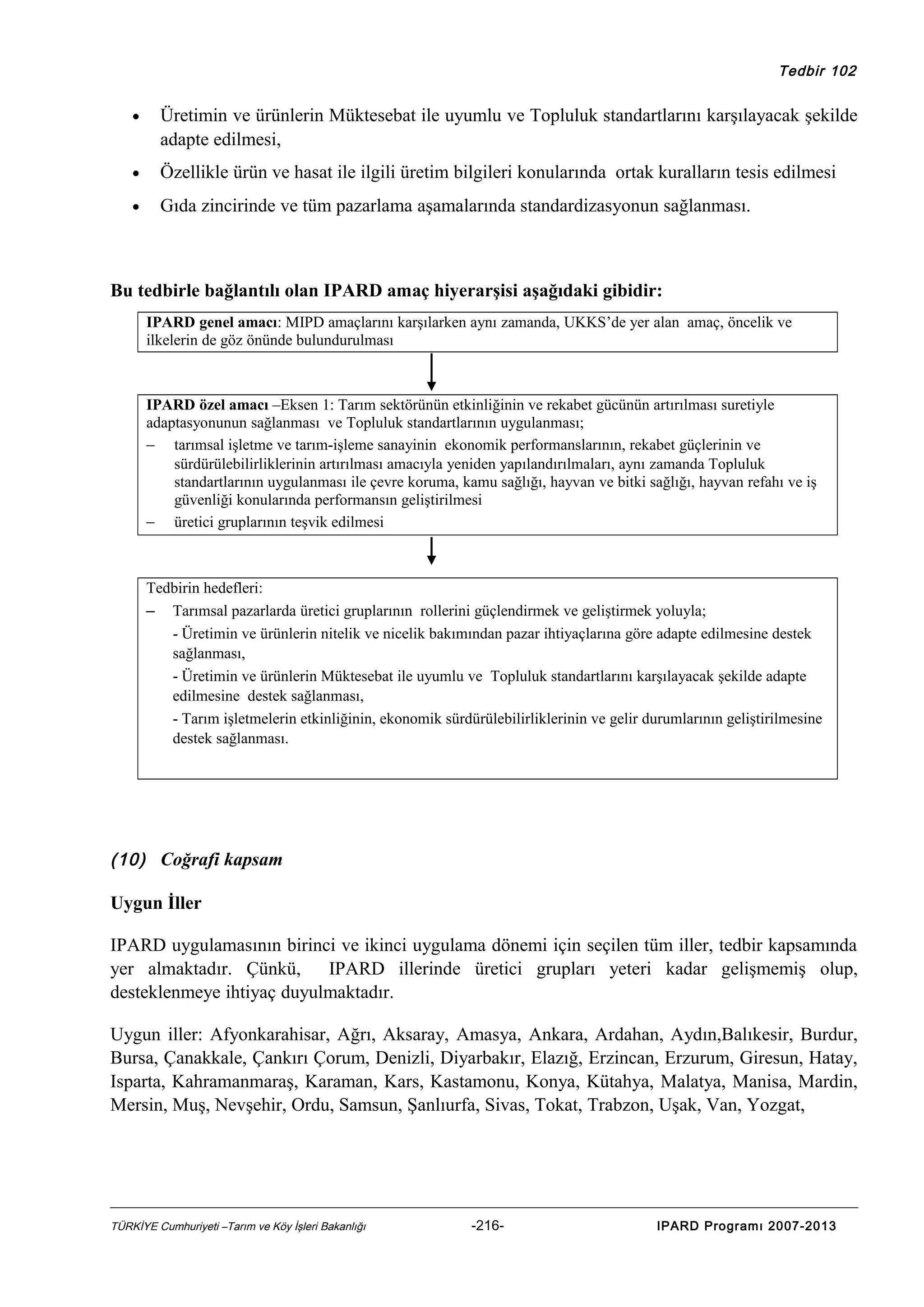 Tedbir 102

•

Üretimin ve ürünlerin Müktesebat ile uyumlu ve Topluluk standartlarını karşılayacak şekilde
adapte edilmesi,

•

Özellikle ürün ve hasat ile ilgili üretim bilgileri konularında ortak kuralların tesis edilmesi

•

Gıda zincirinde ve tüm pazarlama aşamalarında standardizasyonun sağlanması.

Bu tedbirle bağlantılı olan IPARD amaç hiyerarşisi aşağıdaki gibidir:
IPARD genel amacı: MIPD amaçlarını karşılarken aynı zamanda, UKKS’de yer alan amaç, öncelik ve
ilkelerin de göz önünde bulundurulması

IPARD özel amacı –Eksen 1: Tarım sektörünün etkinliğinin ve rekabet gücünün artırılması suretiyle
adaptasyonunun sağlanması ve Topluluk standartlarının uygulanması;
− tarımsal işletme ve tarım-işleme sanayinin ekonomik performanslarının, rekabet güçlerinin ve
sürdürülebilirliklerinin artırılması amacıyla yeniden yapılandırılmaları, aynı zamanda Topluluk
standartlarının uygulanması ile çevre koruma, kamu sağlığı, hayvan ve bitki sağlığı, hayvan refahı ve iş
güvenliği konularında performansın geliştirilmesi
− üretici gruplarının teşvik edilmesi

Tedbirin hedefleri:
– Tarımsal pazarlarda üretici gruplarının rollerini güçlendirmek ve geliştirmek yoluyla;
- Üretimin ve ürünlerin nitelik ve nicelik bakımından pazar ihtiyaçlarına göre adapte edilmesine destek
sağlanması,
- Üretimin ve ürünlerin Müktesebat ile uyumlu ve Topluluk standartlarını karşılayacak şekilde adapte
edilmesine destek sağlanması,
- Tarım işletmelerin etkinliğinin, ekonomik sürdürülebilirliklerinin ve gelir durumlarının geliştirilmesine
destek sağlanması.

(10) Coğrafi kapsam

Uygun İller
IPARD uygulamasının birinci ve ikinci uygulama dönemi için seçilen tüm iller, tedbir kapsamında
yer almaktadır. Çünkü,
IPARD illerinde üretici grupları yeteri kadar gelişmemiş olup,
desteklenmeye ihtiyaç duyulmaktadır.
Uygun iller: Afyonkarahisar, Ağrı, Aksaray, Amasya, Ankara, Ardahan, Aydın,Balıkesir, Burdur,
Bursa, Çanakkale, Çankırı Çorum, Denizli, Diyarbakır, Elazığ, Erzincan, Erzurum, Giresun, Hatay,
Isparta, Kahramanmaraş, Karaman, Kars, Kastamonu, Konya, Kütahya, Malatya, Manisa, Mardin,
Mersin, Muş, Nevşehir, Ordu, Samsun, Şanlıurfa, Sivas, Tokat, Trabzon, Uşak, Van, Yozgat,

TÜRKİYE Cumhuriyeti –Tarım ve Köy İşleri Bakanlığı

-216-

IPARD Programı 2007-2013

 