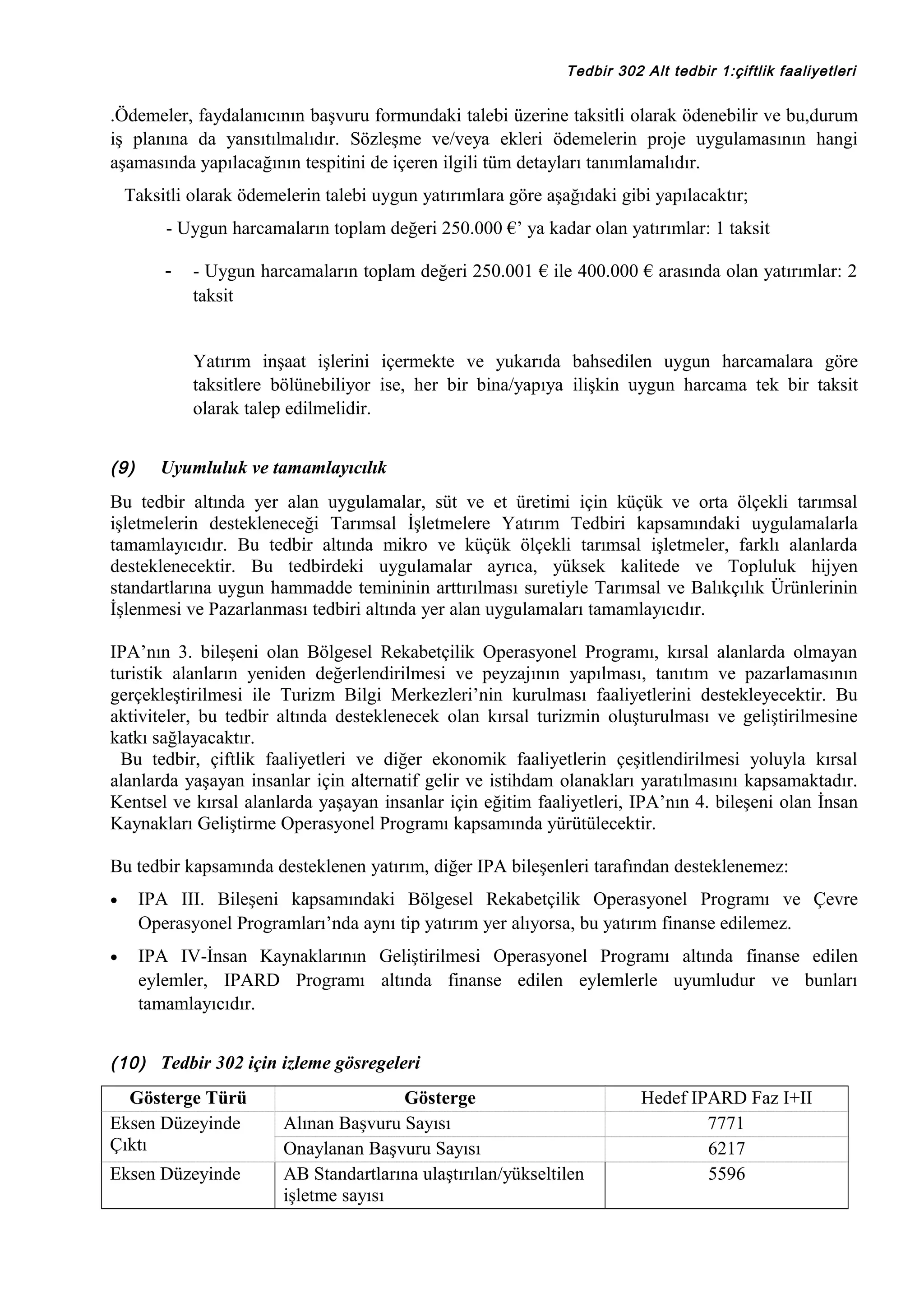 Tedbir 302 Alt tedbir 1:çiftlik faaliyetleri

.Ödemeler, faydalanıcının başvuru formundaki talebi üzerine taksitli olarak ödenebilir ve bu,durum
iş planına da yansıtılmalıdır. Sözleşme ve/veya ekleri ödemelerin proje uygulamasının hangi
aşamasında yapılacağının tespitini de içeren ilgili tüm detayları tanımlamalıdır.
Taksitli olarak ödemelerin talebi uygun yatırımlara göre aşağıdaki gibi yapılacaktır;
- Uygun harcamaların toplam değeri 250.000 €’ ya kadar olan yatırımlar: 1 taksit
-

- Uygun harcamaların toplam değeri 250.001 € ile 400.000 € arasında olan yatırımlar: 2
taksit
Yatırım inşaat işlerini içermekte ve yukarıda bahsedilen uygun harcamalara göre
taksitlere bölünebiliyor ise, her bir bina/yapıya ilişkin uygun harcama tek bir taksit
olarak talep edilmelidir.

(9)

Uyumluluk ve tamamlayıcılık

Bu tedbir altında yer alan uygulamalar, süt ve et üretimi için küçük ve orta ölçekli tarımsal
işletmelerin destekleneceği Tarımsal İşletmelere Yatırım Tedbiri kapsamındaki uygulamalarla
tamamlayıcıdır. Bu tedbir altında mikro ve küçük ölçekli tarımsal işletmeler, farklı alanlarda
desteklenecektir. Bu tedbirdeki uygulamalar ayrıca, yüksek kalitede ve Topluluk hijyen
standartlarına uygun hammadde temininin arttırılması suretiyle Tarımsal ve Balıkçılık Ürünlerinin
İşlenmesi ve Pazarlanması tedbiri altında yer alan uygulamaları tamamlayıcıdır.
IPA’nın 3. bileşeni olan Bölgesel Rekabetçilik Operasyonel Programı, kırsal alanlarda olmayan
turistik alanların yeniden değerlendirilmesi ve peyzajının yapılması, tanıtım ve pazarlamasının
gerçekleştirilmesi ile Turizm Bilgi Merkezleri’nin kurulması faaliyetlerini destekleyecektir. Bu
aktiviteler, bu tedbir altında desteklenecek olan kırsal turizmin oluşturulması ve geliştirilmesine
katkı sağlayacaktır.
Bu tedbir, çiftlik faaliyetleri ve diğer ekonomik faaliyetlerin çeşitlendirilmesi yoluyla kırsal
alanlarda yaşayan insanlar için alternatif gelir ve istihdam olanakları yaratılmasını kapsamaktadır.
Kentsel ve kırsal alanlarda yaşayan insanlar için eğitim faaliyetleri, IPA’nın 4. bileşeni olan İnsan
Kaynakları Geliştirme Operasyonel Programı kapsamında yürütülecektir.
Bu tedbir kapsamında desteklenen yatırım, diğer IPA bileşenleri tarafından desteklenemez:
•

IPA III. Bileşeni kapsamındaki Bölgesel Rekabetçilik Operasyonel Programı ve Çevre
Operasyonel Programları’nda aynı tip yatırım yer alıyorsa, bu yatırım finanse edilemez.

•

IPA IV-İnsan Kaynaklarının Geliştirilmesi Operasyonel Programı altında finanse edilen
eylemler, IPARD Programı altında finanse edilen eylemlerle uyumludur ve bunları
tamamlayıcıdır.

(10) Tedbir 302 için izleme gösregeleri

Gösterge Türü
Eksen Düzeyinde
Çıktı
Eksen Düzeyinde

Gösterge
Alınan Başvuru Sayısı
Onaylanan Başvuru Sayısı
AB Standartlarına ulaştırılan/yükseltilen
işletme sayısı

Hedef IPARD Faz I+II
7771
6217
5596

 