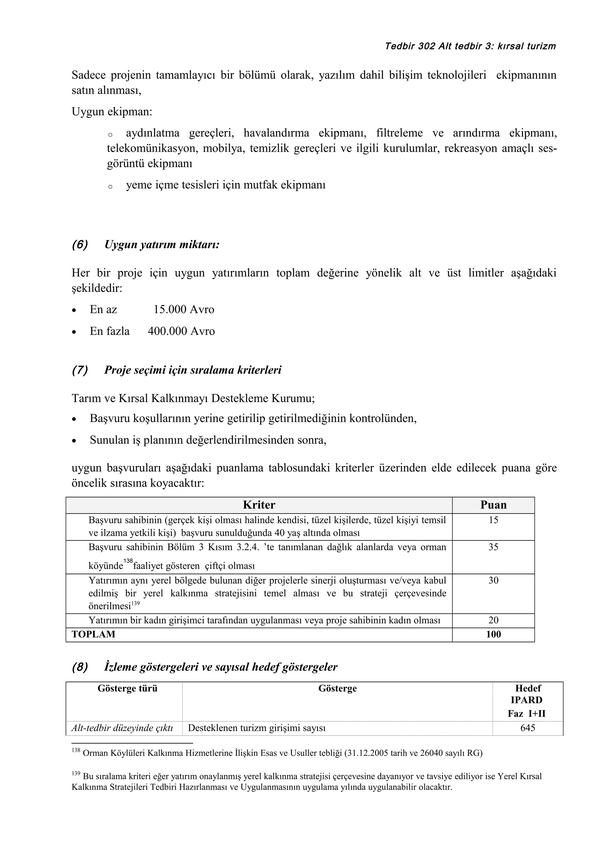 Tedbir 302 Alt tedbir 3: kırsal turizm

Sadece projenin tamamlayıcı bir bölümü olarak, yazılım dahil bilişim teknolojileri ekipmanının
satın alınması,
Uygun ekipman:
aydınlatma gereçleri, havalandırma ekipmanı, filtreleme ve arındırma ekipmanı,
telekomünikasyon, mobilya, temizlik gereçleri ve ilgili kurulumlar, rekreasyon amaçlı sesgörüntü ekipmanı
o

o

(6)

yeme içme tesisleri için mutfak ekipmanı

Uygun yatırım miktarı:

Her bir proje için uygun yatırımların toplam değerine yönelik alt ve üst limitler aşağıdaki
şekildedir:
•

En az

•

En fazla

(7)

15.000 Avro
400.000 Avro

Proje seçimi için sıralama kriterleri

Tarım ve Kırsal Kalkınmayı Destekleme Kurumu;
•

Başvuru koşullarının yerine getirilip getirilmediğinin kontrolünden,

•

Sunulan iş planının değerlendirilmesinden sonra,

uygun başvuruları aşağıdaki puanlama tablosundaki kriterler üzerinden elde edilecek puana göre
öncelik sırasına koyacaktır:
Kriter

Puan

Başvuru sahibinin (gerçek kişi olması halinde kendisi, tüzel kişilerde, tüzel kişiyi temsil
ve ilzama yetkili kişi) başvuru sunulduğunda 40 yaş altında olması
Başvuru sahibinin Bölüm 3 Kısım 3.2.4. ’te tanımlanan dağlık alanlarda veya orman

15
35

138

köyünde faaliyet gösteren çiftçi olması
Yatırımın aynı yerel bölgede bulunan diğer projelerle sinerji oluşturması ve/veya kabul
edilmiş bir yerel kalkınma stratejisini temel alması ve bu strateji çerçevesinde
önerilmesi139
Yatırımın bir kadın girişimci tarafından uygulanması veya proje sahibinin kadın olması
TOPLAM

(8)

Alt-tedbir düzeyinde çıktı

139

20
100

İzleme göstergeleri ve sayısal hedef göstergeler
Gösterge türü

138

30

Gösterge

Desteklenen turizm girişimi sayısı

Hedef
IPARD
Faz I+II
645

Orman Köylüleri Kalkınma Hizmetlerine İlişkin Esas ve Usuller tebliği (31.12.2005 tarih ve 26040 sayılı RG)

Bu sıralama kriteri eğer yatırım onaylanmış yerel kalkınma stratejisi çerçevesine dayanıyor ve tavsiye ediliyor ise Yerel Kırsal
Kalkınma Stratejileri Tedbiri Hazırlanması ve Uygulanmasının uygulama yılında uygulanabilir olacaktır.

 
