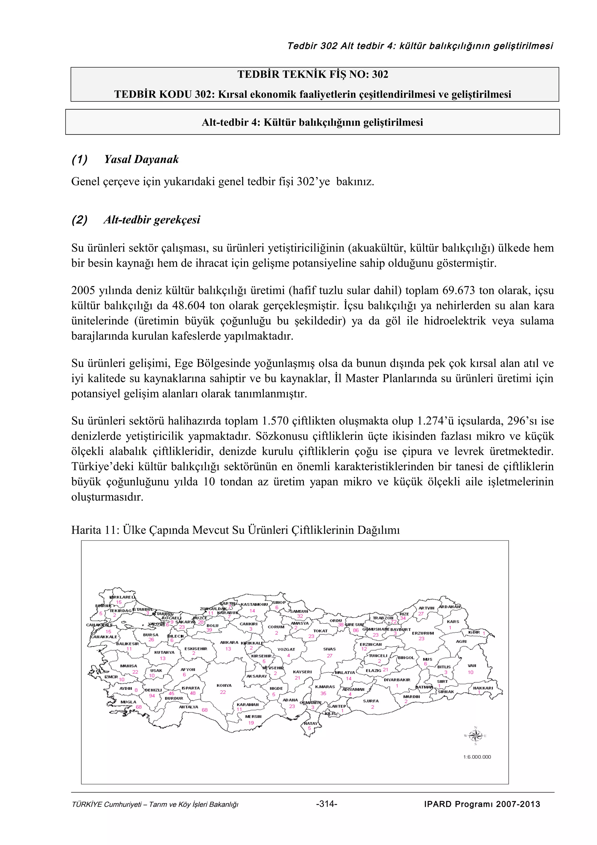 Tedbir 302 Alt tedbir 4: kültür balıkçılığının geliştirilmesi

TEDBİR TEKNİK FİŞ NO: 302
TEDBİR KODU 302: Kırsal ekonomik faaliyetlerin çeşitlendirilmesi ve geliştirilmesi
Alt-tedbir 4: Kültür balıkçılığının geliştirilmesi

(1)

Yasal Dayanak

Genel çerçeve için yukarıdaki genel tedbir fişi 302’ye bakınız.
(2)

Alt-tedbir gerekçesi

Su ürünleri sektör çalışması, su ürünleri yetiştiriciliğinin (akuakültür, kültür balıkçılığı) ülkede hem
bir besin kaynağı hem de ihracat için gelişme potansiyeline sahip olduğunu göstermiştir.
2005 yılında deniz kültür balıkçılığı üretimi (hafif tuzlu sular dahil) toplam 69.673 ton olarak, içsu
kültür balıkçılığı da 48.604 ton olarak gerçekleşmiştir. İçsu balıkçılığı ya nehirlerden su alan kara
ünitelerinde (üretimin büyük çoğunluğu bu şekildedir) ya da göl ile hidroelektrik veya sulama
barajlarında kurulan kafeslerde yapılmaktadır.
Su ürünleri gelişimi, Ege Bölgesinde yoğunlaşmış olsa da bunun dışında pek çok kırsal alan atıl ve
iyi kalitede su kaynaklarına sahiptir ve bu kaynaklar, İl Master Planlarında su ürünleri üretimi için
potansiyel gelişim alanları olarak tanımlanmıştır.
Su ürünleri sektörü halihazırda toplam 1.570 çiftlikten oluşmakta olup 1.274’ü içsularda, 296’sı ise
denizlerde yetiştiricilik yapmaktadır. Sözkonusu çiftliklerin üçte ikisinden fazlası mikro ve küçük
ölçekli alabalık çiftlikleridir, denizde kurulu çiftliklerin çoğu ise çipura ve levrek üretmektedir.
Türkiye’deki kültür balıkçılığı sektörünün en önemli karakteristiklerinden bir tanesi de çiftliklerin
büyük çoğunluğunu yılda 10 tondan az üretim yapan mikro ve küçük ölçekli aile işletmelerinin
oluşturmasıdır.
Harita 11: Ülke Çapında Mevcut Su Ürünleri Çiftliklerinin Dağılımı

TÜRKİYE Cumhuriyeti – Tarım ve Köy İşleri Bakanlığı

-314-

IPARD Programı 2007-2013

 