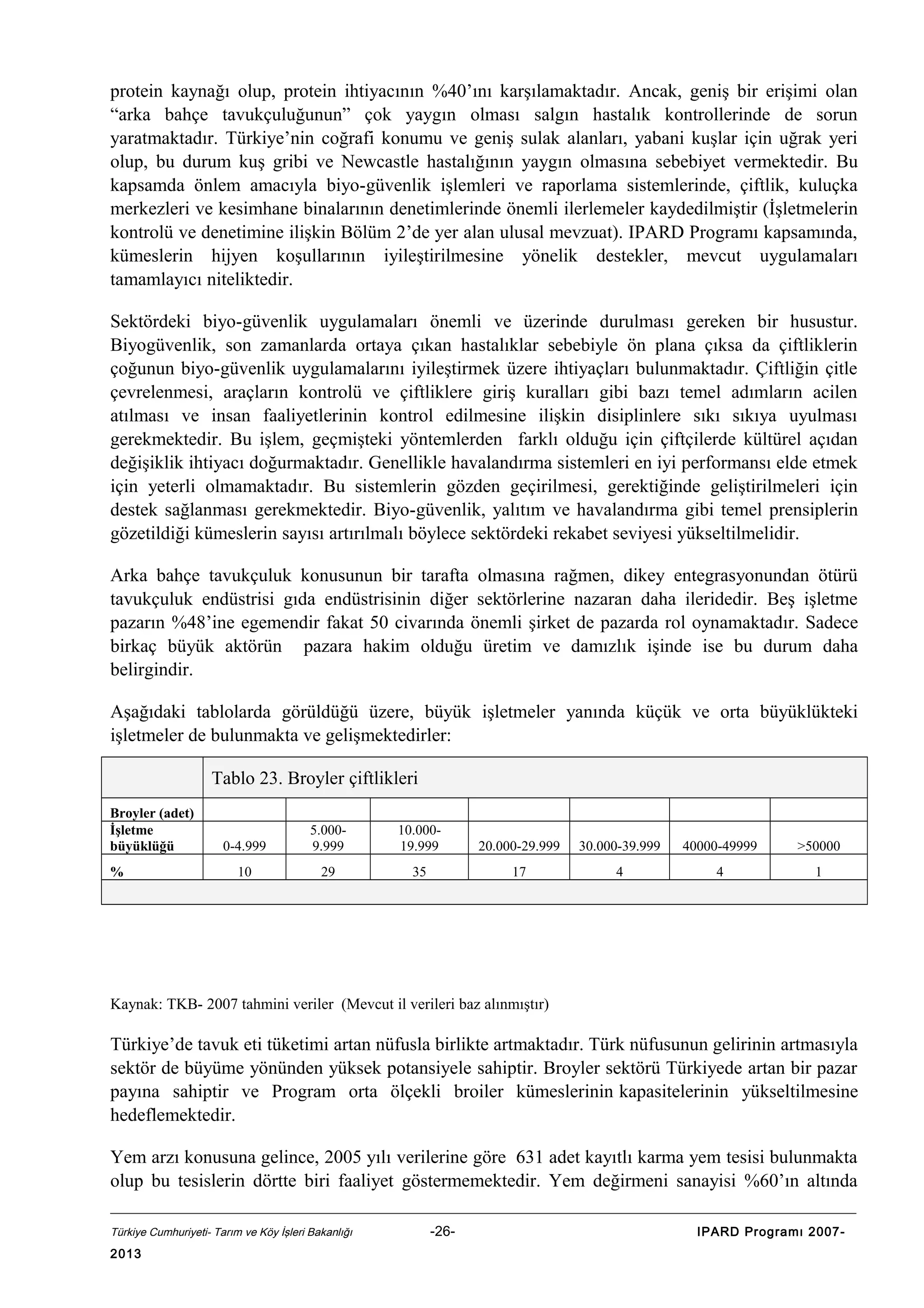 protein kaynağı olup, protein ihtiyacının %40’ını karşılamaktadır. Ancak, geniş bir erişimi olan
“arka bahçe tavukçuluğunun” çok yaygın olması salgın hastalık kontrollerinde de sorun
yaratmaktadır. Türkiye’nin coğrafi konumu ve geniş sulak alanları, yabani kuşlar için uğrak yeri
olup, bu durum kuş gribi ve Newcastle hastalığının yaygın olmasına sebebiyet vermektedir. Bu
kapsamda önlem amacıyla biyo-güvenlik işlemleri ve raporlama sistemlerinde, çiftlik, kuluçka
merkezleri ve kesimhane binalarının denetimlerinde önemli ilerlemeler kaydedilmiştir (İşletmelerin
kontrolü ve denetimine ilişkin Bölüm 2’de yer alan ulusal mevzuat). IPARD Programı kapsamında,
kümeslerin hijyen koşullarının iyileştirilmesine yönelik destekler, mevcut uygulamaları
tamamlayıcı niteliktedir.
Sektördeki biyo-güvenlik uygulamaları önemli ve üzerinde durulması gereken bir husustur.
Biyogüvenlik, son zamanlarda ortaya çıkan hastalıklar sebebiyle ön plana çıksa da çiftliklerin
çoğunun biyo-güvenlik uygulamalarını iyileştirmek üzere ihtiyaçları bulunmaktadır. Çiftliğin çitle
çevrelenmesi, araçların kontrolü ve çiftliklere giriş kuralları gibi bazı temel adımların acilen
atılması ve insan faaliyetlerinin kontrol edilmesine ilişkin disiplinlere sıkı sıkıya uyulması
gerekmektedir. Bu işlem, geçmişteki yöntemlerden farklı olduğu için çiftçilerde kültürel açıdan
değişiklik ihtiyacı doğurmaktadır. Genellikle havalandırma sistemleri en iyi performansı elde etmek
için yeterli olmamaktadır. Bu sistemlerin gözden geçirilmesi, gerektiğinde geliştirilmeleri için
destek sağlanması gerekmektedir. Biyo-güvenlik, yalıtım ve havalandırma gibi temel prensiplerin
gözetildiği kümeslerin sayısı artırılmalı böylece sektördeki rekabet seviyesi yükseltilmelidir.
Arka bahçe tavukçuluk konusunun bir tarafta olmasına rağmen, dikey entegrasyonundan ötürü
tavukçuluk endüstrisi gıda endüstrisinin diğer sektörlerine nazaran daha ileridedir. Beş işletme
pazarın %48’ine egemendir fakat 50 civarında önemli şirket de pazarda rol oynamaktadır. Sadece
birkaç büyük aktörün pazara hakim olduğu üretim ve damızlık işinde ise bu durum daha
belirgindir.
Aşağıdaki tablolarda görüldüğü üzere, büyük işletmeler yanında küçük ve orta büyüklükteki
işletmeler de bulunmakta ve gelişmektedirler:
Tablo 23. Broyler çiftlikleri
Broyler (adet)
İşletme
büyüklüğü
%

0-4.999

5.0009.999

10.00019.999

20.000-29.999

30.000-39.999

40000-49999

>50000

10

29

35

17

4

4

1

Kaynak: TKB- 2007 tahmini veriler (Mevcut il verileri baz alınmıştır)

Türkiye’de tavuk eti tüketimi artan nüfusla birlikte artmaktadır. Türk nüfusunun gelirinin artmasıyla
sektör de büyüme yönünden yüksek potansiyele sahiptir. Broyler sektörü Türkiyede artan bir pazar
payına sahiptir ve Program orta ölçekli broiler kümeslerinin kapasitelerinin yükseltilmesine
hedeflemektedir.
Yem arzı konusuna gelince, 2005 yılı verilerine göre 631 adet kayıtlı karma yem tesisi bulunmakta
olup bu tesislerin dörtte biri faaliyet göstermemektedir. Yem değirmeni sanayisi %60’ın altında
Türkiye Cumhuriyeti- Tarım ve Köy İşleri Bakanlığı

2013

-26-

IPARD Programı 2007-

 