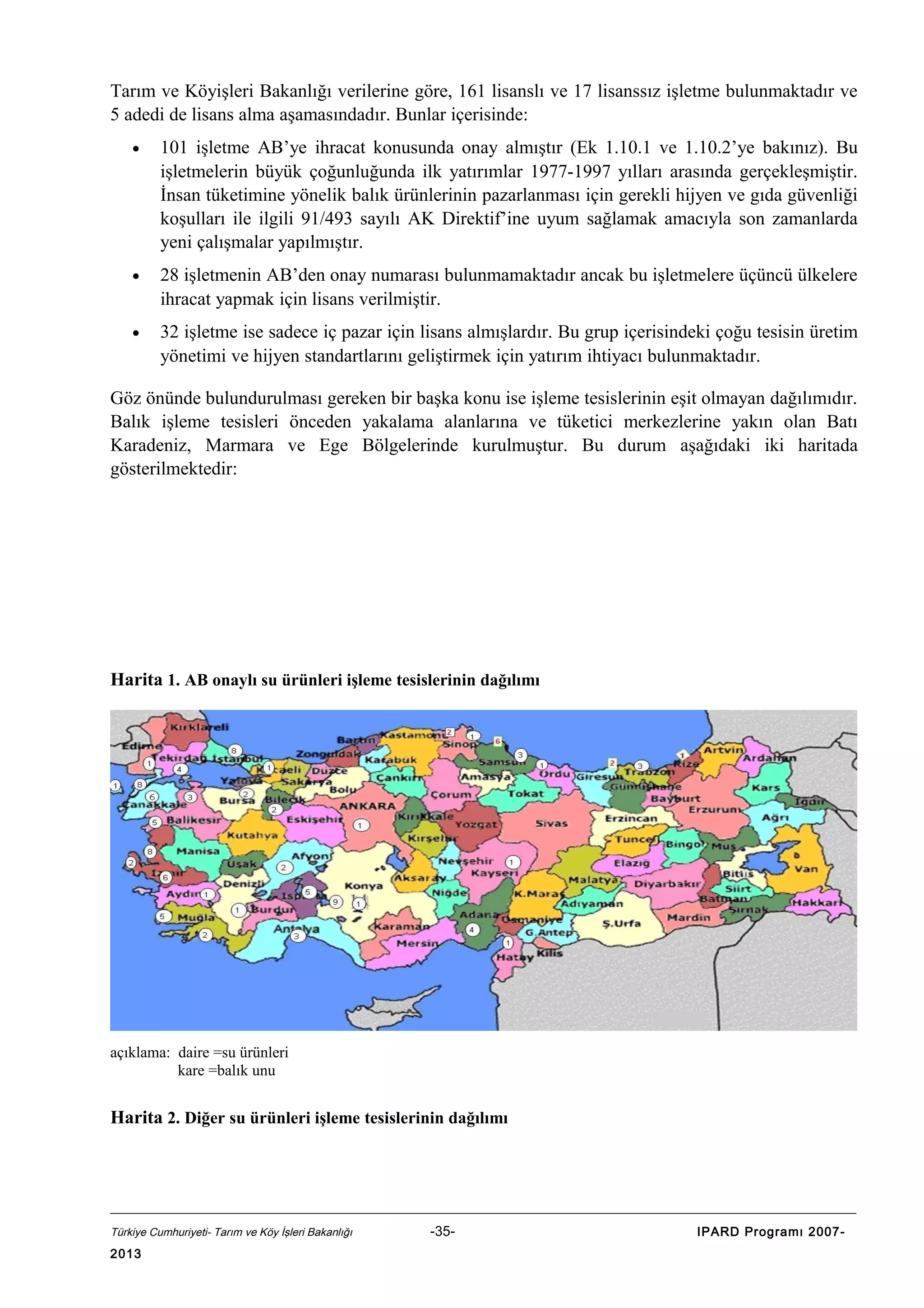 Tarım ve Köyişleri Bakanlığı verilerine göre, 161 lisanslı ve 17 lisanssız işletme bulunmaktadır ve
5 adedi de lisans alma aşamasındadır. Bunlar içerisinde:
•

101 işletme AB’ye ihracat konusunda onay almıştır (Ek 1.10.1 ve 1.10.2’ye bakınız). Bu
işletmelerin büyük çoğunluğunda ilk yatırımlar 1977-1997 yılları arasında gerçekleşmiştir.
İnsan tüketimine yönelik balık ürünlerinin pazarlanması için gerekli hijyen ve gıda güvenliği
koşulları ile ilgili 91/493 sayılı AK Direktif’ine uyum sağlamak amacıyla son zamanlarda
yeni çalışmalar yapılmıştır.

•

28 işletmenin AB’den onay numarası bulunmamaktadır ancak bu işletmelere üçüncü ülkelere
ihracat yapmak için lisans verilmiştir.

•

32 işletme ise sadece iç pazar için lisans almışlardır. Bu grup içerisindeki çoğu tesisin üretim
yönetimi ve hijyen standartlarını geliştirmek için yatırım ihtiyacı bulunmaktadır.

Göz önünde bulundurulması gereken bir başka konu ise işleme tesislerinin eşit olmayan dağılımıdır.
Balık işleme tesisleri önceden yakalama alanlarına ve tüketici merkezlerine yakın olan Batı
Karadeniz, Marmara ve Ege Bölgelerinde kurulmuştur. Bu durum aşağıdaki iki haritada
gösterilmektedir:

Harita 1. AB onaylı su ürünleri işleme tesislerinin dağılımı

açıklama: daire =su ürünleri
kare =balık unu

Harita 2. Diğer su ürünleri işleme tesislerinin dağılımı

Türkiye Cumhuriyeti- Tarım ve Köy İşleri Bakanlığı

2013

-35-

IPARD Programı 2007-

 