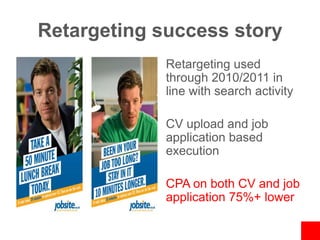 Retargeting used through 2010/2011 in line with search activityCV upload and job application based executionCPA on both CV and job application 75%+ lowerRetargeting success story