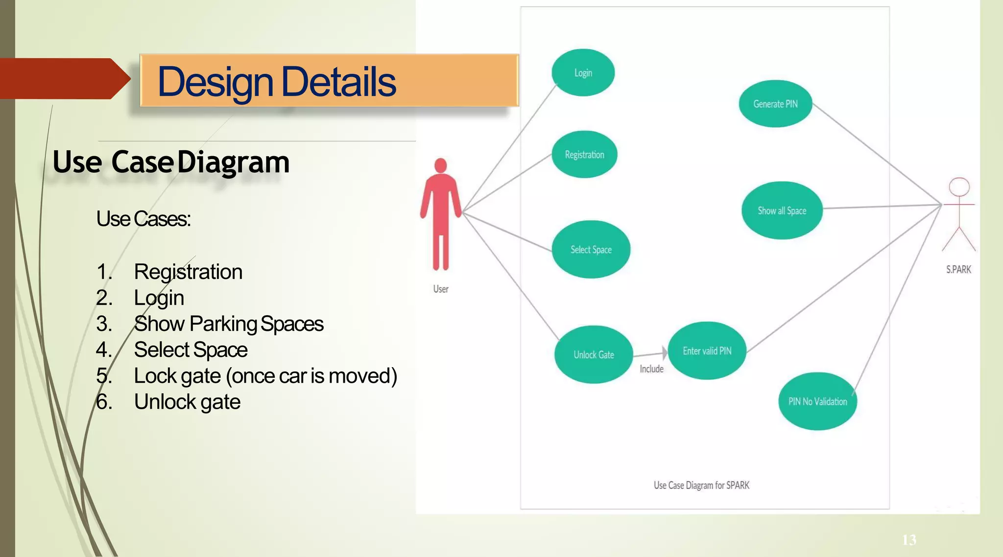 Use CaseDiagram
UseCases:
1. Registration
2. Login
3. Show ParkingSpaces
4. SelectSpace
5. Lock gate (oncecaris moved)
6. Unlock gate
DesignDetails
13
 