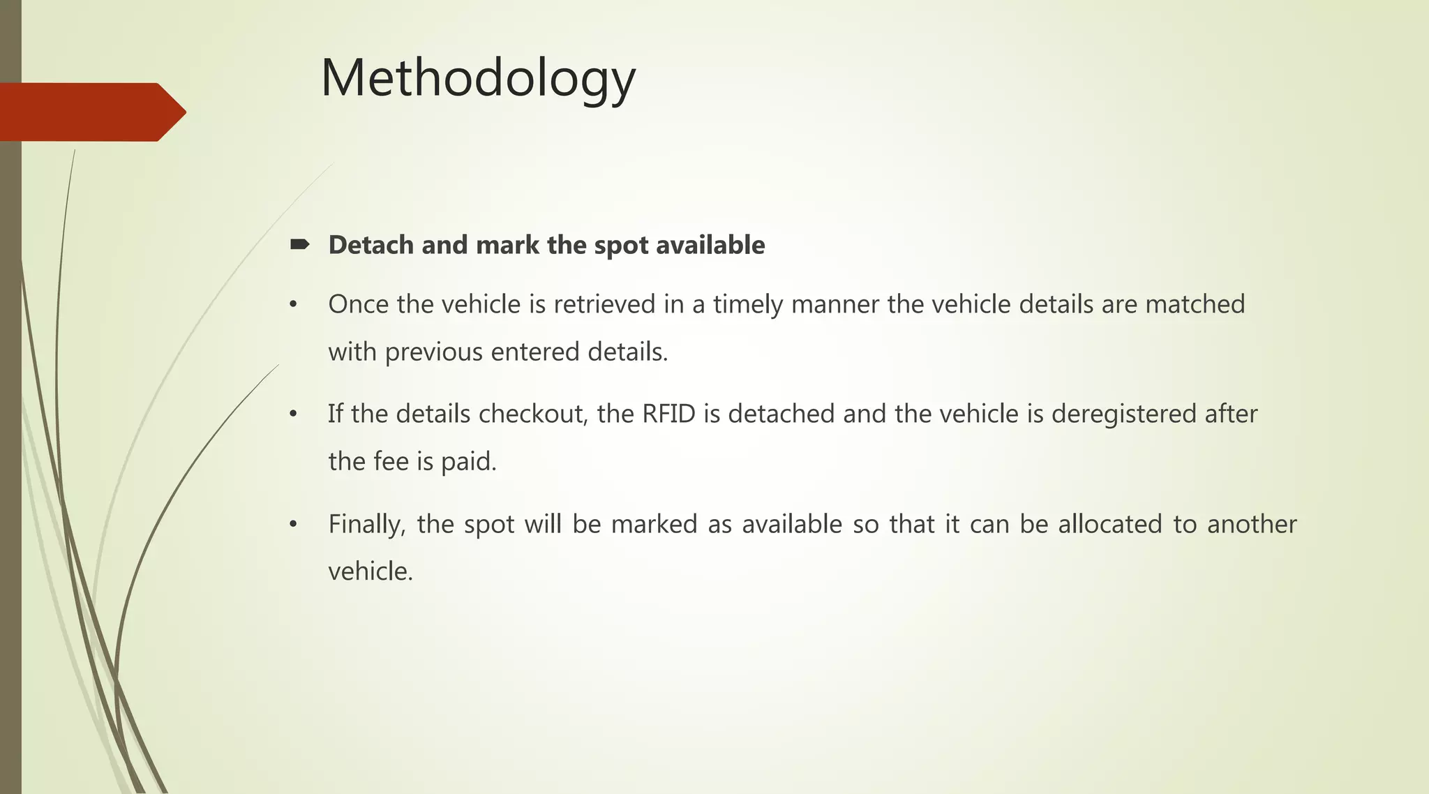 Methodology
 Detach and mark the spot available
• Once the vehicle is retrieved in a timely manner the vehicle details are matched
with previous entered details.
• If the details checkout, the RFID is detached and the vehicle is deregistered after
the fee is paid.
• Finally, the spot will be marked as available so that it can be allocated to another
vehicle.
 