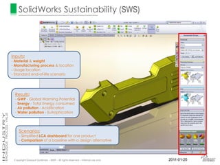SolidWorks Sustainability (SWS)




Inputs:
- Material & weight
- Manufacturing process & location
- Usage location
- Standard end-of-life scenario




  Results:
  - GWP - Global Warming Potential
  - Energy - Total Energy consumed
  - Air pollution - Acidification
  - Water pollution - Eutrophication




     Scenarios:
     - Simplified LCA dashboard for one product
     - Comparison of a baseline with a design alternative




 Copyright Dassault Systèmes – 2009 – All rights reserved – Internal use only   2011-01-20
 