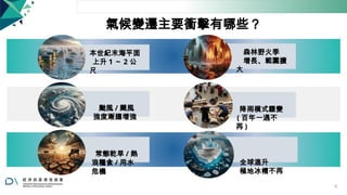 氣候變遷主要衝擊有哪些？
本世紀末海平面
上升 1 ～ 2 公
尺
颱風 / 颶風
強度漸趨增強
常態乾旱 / 熱
浪糧食 / 用水
危機
森林野火季
增長、範圍擴
大
降雨模式驟變
( 百年一遇不
再 )
全球溫升
極地冰帽不再
6
 