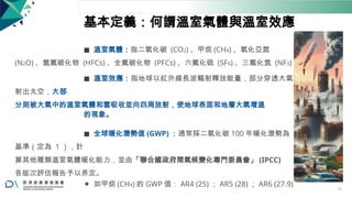 基本定義：何謂溫室氣體與溫室效應
◼ 溫室氣體：指二氧化碳 (CO2) 、甲烷 (CH4) 、氧化亞氮
(N2O) 、氫氟碳化物 (HFCs) 、全氟碳化物 (PFCs) 、六氟化硫 (SF6) 、三氟化氮 (NF3)
◼ 溫室效應：指地球以紅外線長波輻射釋放能量，部分穿透大氣
射出太空，大部
分則被大氣中的溫室氣體和雲吸收並向四周放射，使地球表面和地層大氣增溫
的現象。
◼ 全球暖化潛勢值 (GWP) ：通常採二氧化碳 100 年暖化潛勢為
基準（定為 1 ），計
算其他種類溫室氣體暖化能力，並由「聯合國政府間氣候變化專門委員會」 (IPCC)
各版次評估報告予以界定。
⚫ 如甲烷 (CH4) 的 GWP 值： AR4 (25) ； AR5 (28) ； AR6 (27.9)
11
 