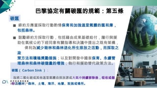巴黎協定有關碳匯的規範：第五條
碳匯
◼ 締約方應當採取行動酌情保育和加強溫室氣體的匯和庫，
包括森林。
◼ 鼓勵締約方採取行動，包括藉由成果基礎給付，履行與援
助在氣候公約下經同意有關指導和決議中提出之既有架構，
俾利為減少毀林和森林退化所生排放之活動，而採取之
政
策方法和積極獎勵措施；以及對開發中國家保育、永續管
理森林和森林碳儲量的增強；執行和援助替代政策方法。
碳匯（ Carbon Sink ）：
指將二氧化碳或其他溫室氣體自排放源或大氣中持續移除後，吸收或儲
存之樹木、森林、土壤、海洋、地層、設施或場所。 29
 